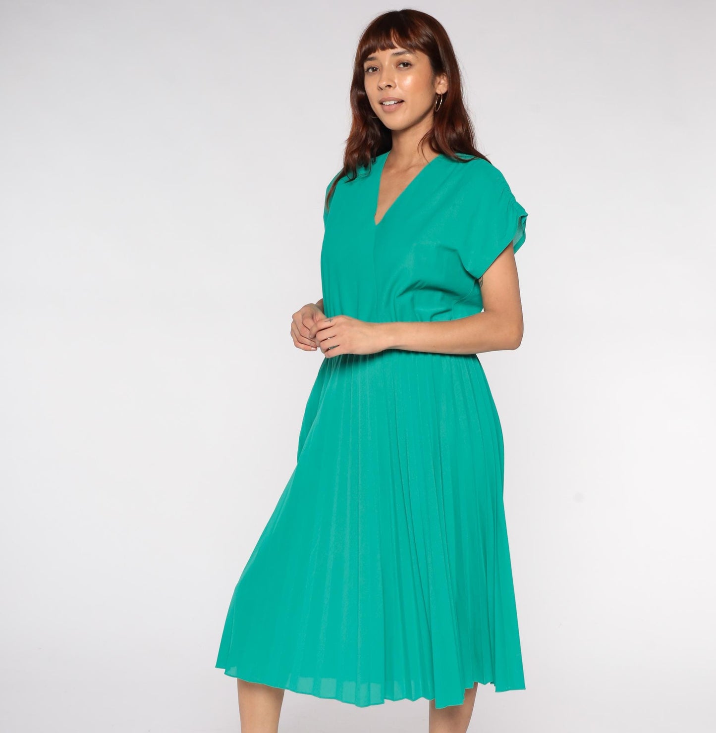 70s Emerald Green Pleated Midi Dress V Neck Dolman Sleeve Medium