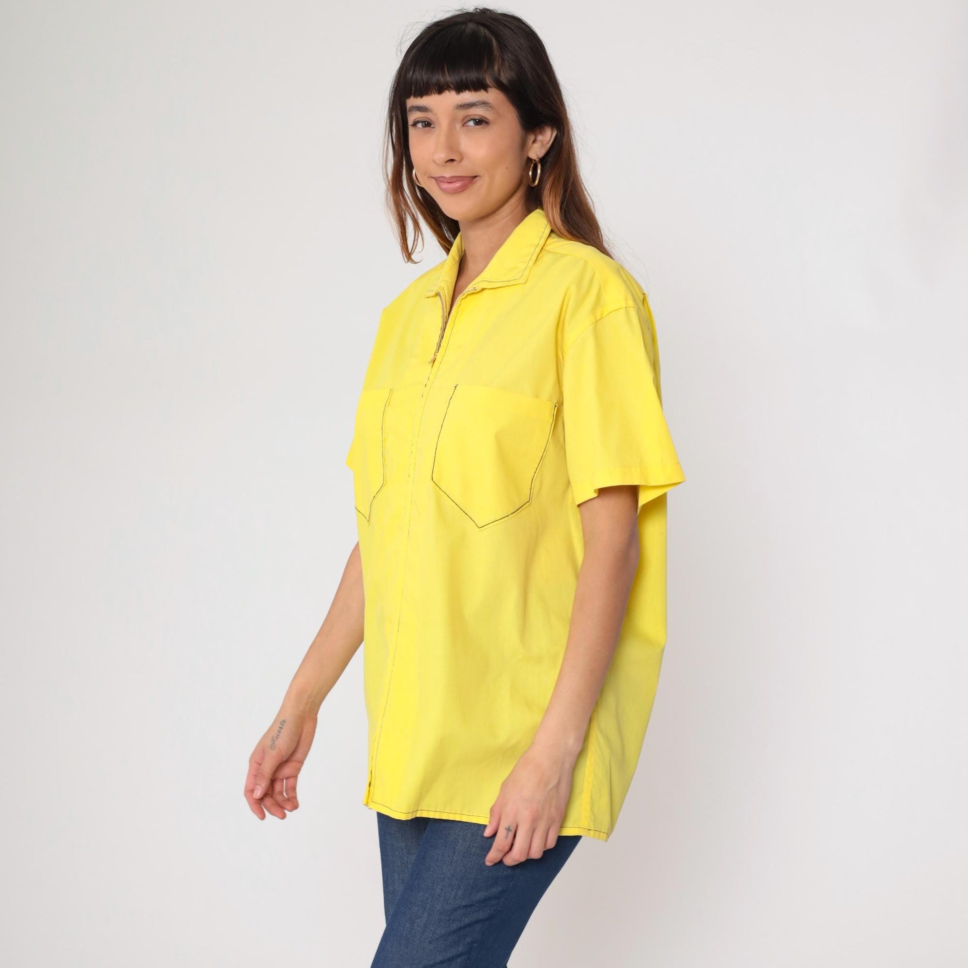 70s Yellow Zip-Front Work Shirt Cotton Blend Utility Pockets Extra Large XL