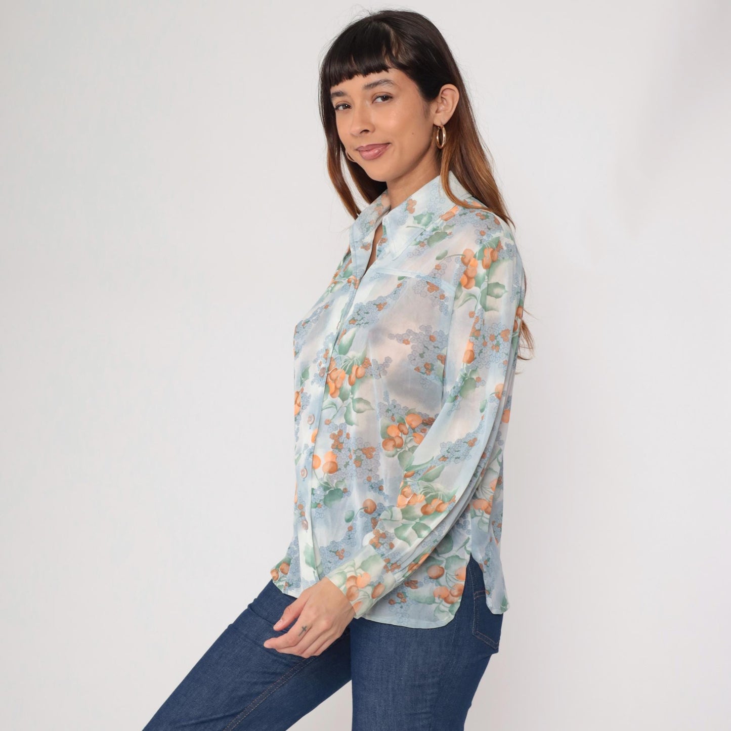 70s Berry Blouse Sheer Blue Orange Watercolor Floral Button Up Long Sleeve Large L