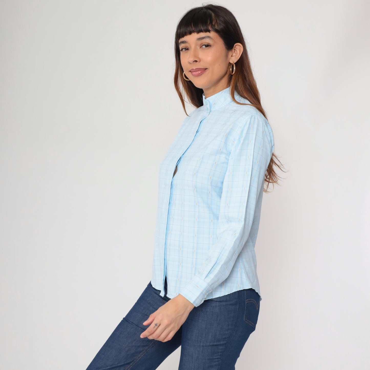 80s Royal Highness Powder Blue Mandarin Collar Blouse Windowpane Check Large