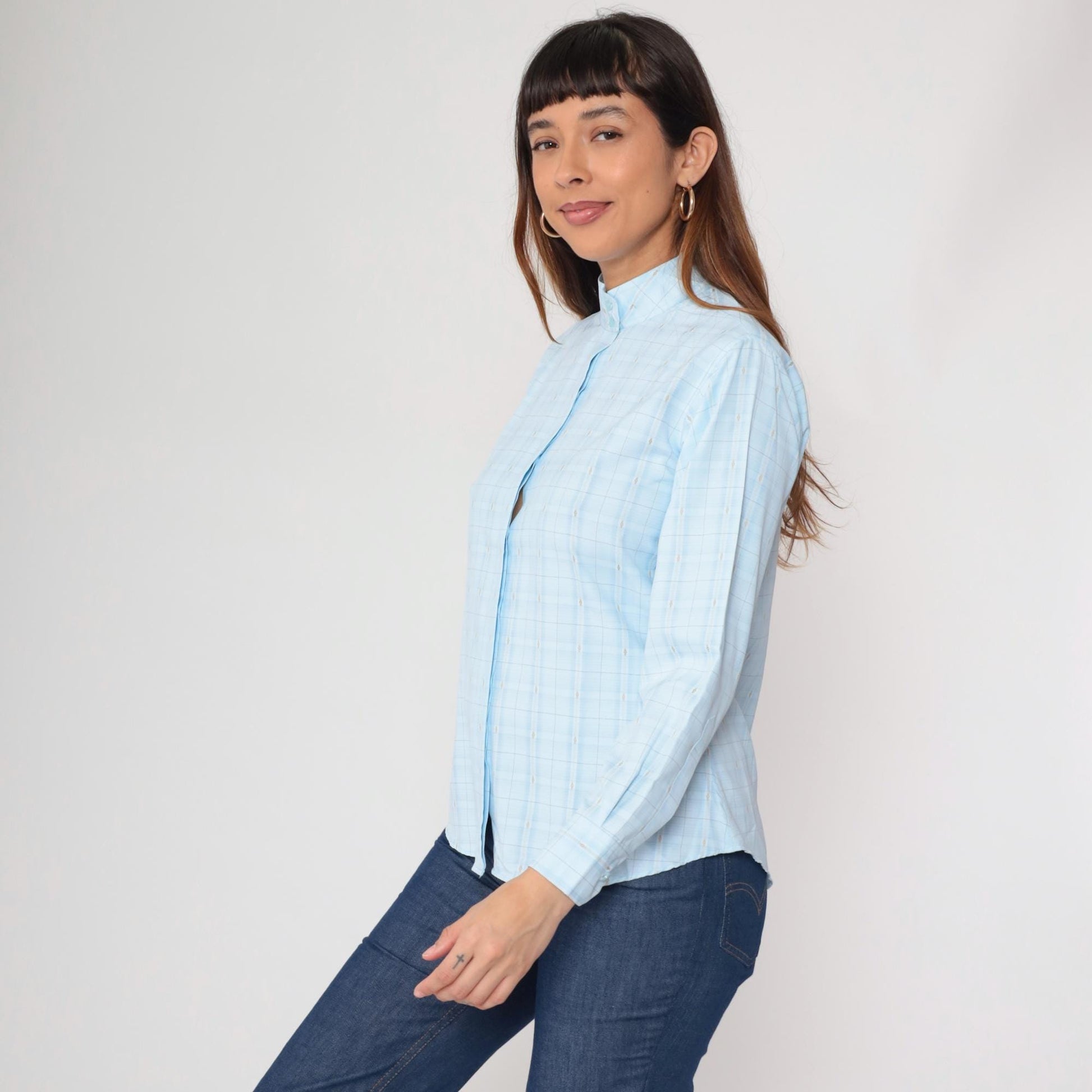 80s Royal Highness Powder Blue Mandarin Collar Blouse Windowpane Check Large