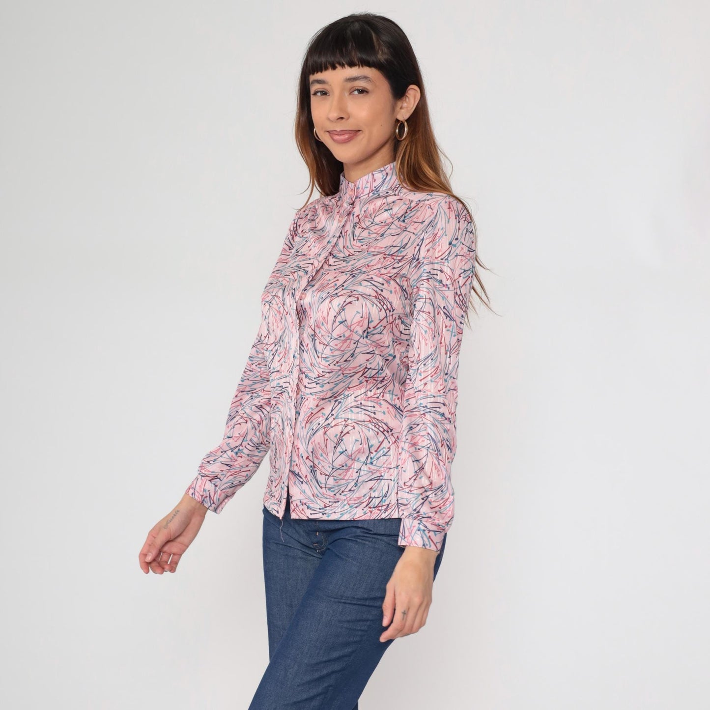 70s Devon Abstract Brushstroke Blouse Pink Navy Mandarin Collar Medium M