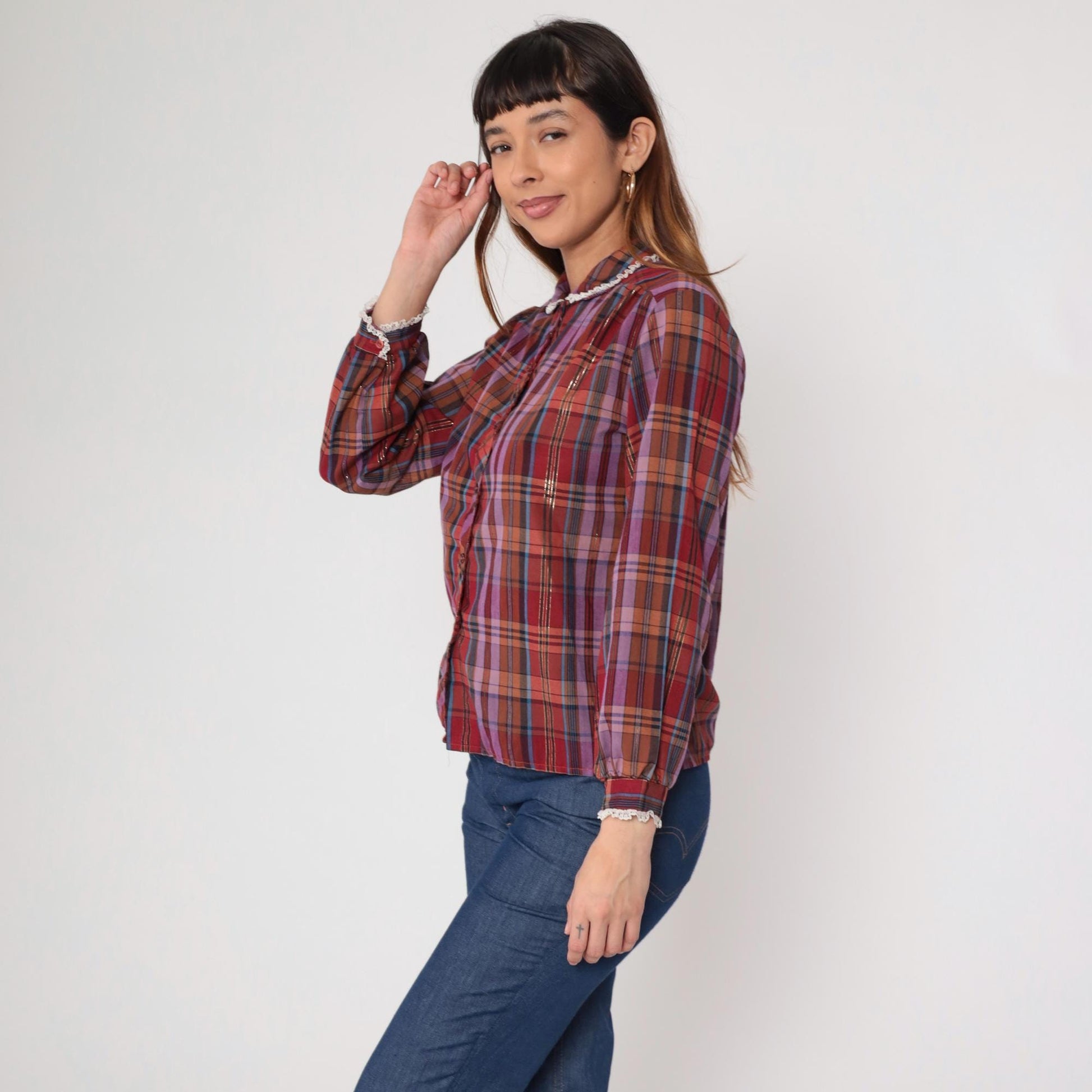 70s Burgundy Plaid Blouse Lace Collar Long Sleeve Prairie Shirt Medium