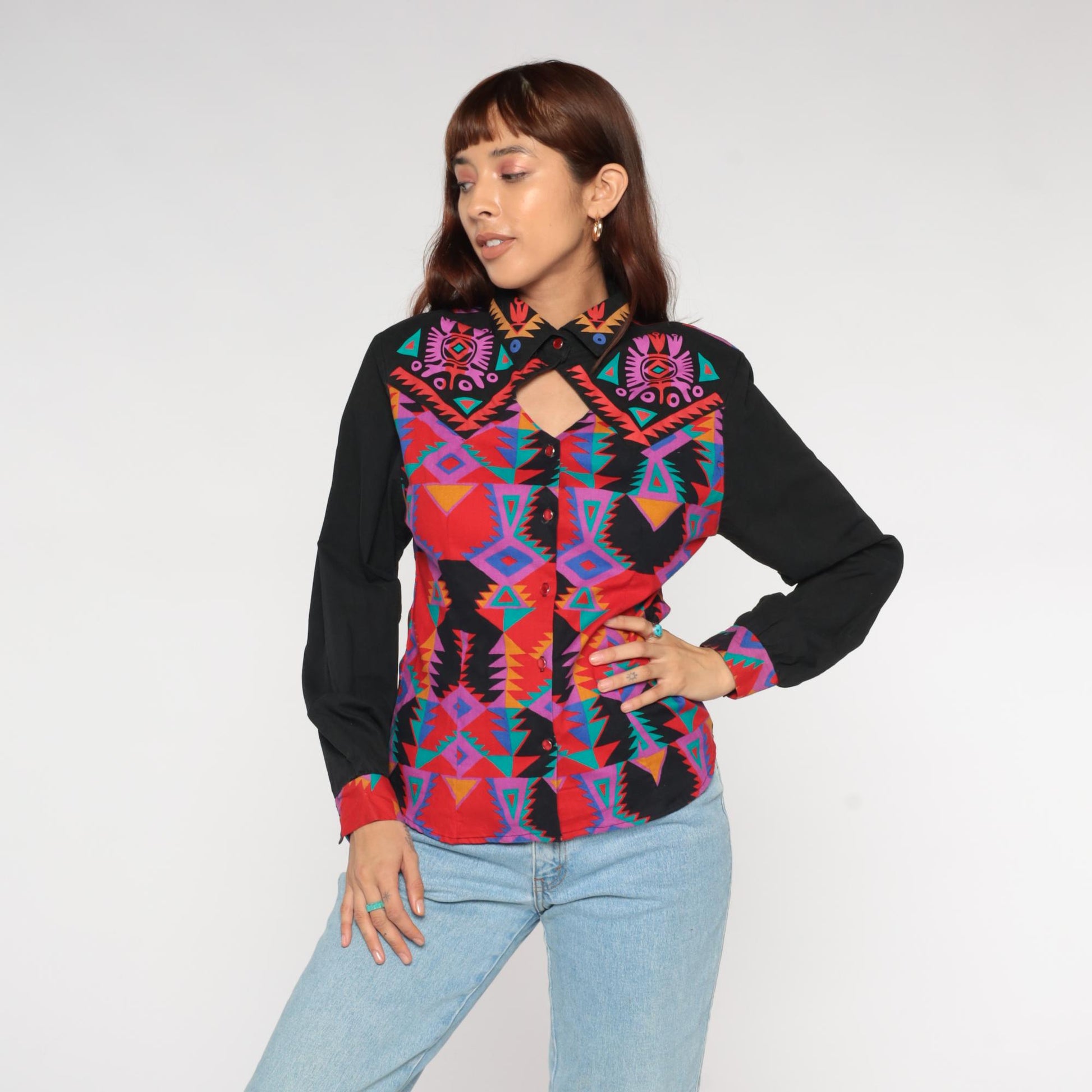 90s Western Plains Trading Co Southwestern Aztec Print Button Shirt Medium M
