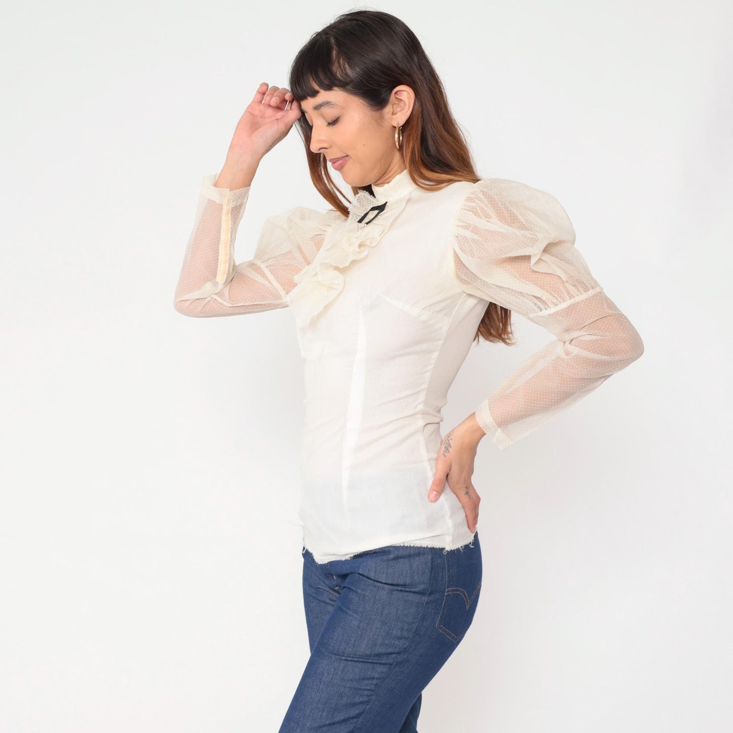 60s White Victorian Blouse Puff Sleeve Ruffle High Neck Bow Tie Small S
