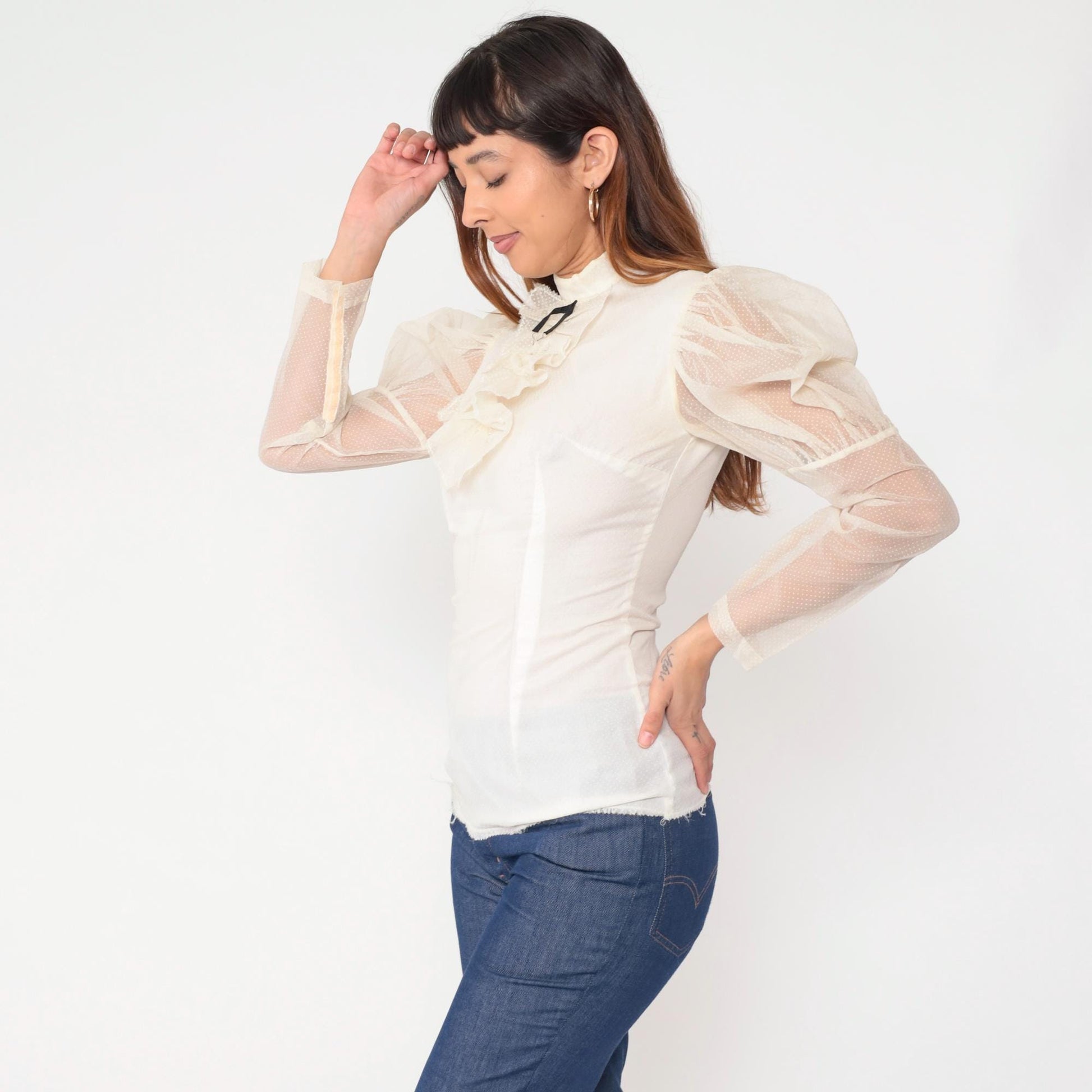 60s White Victorian Blouse Puff Sleeve Ruffle High Neck Bow Tie Small S