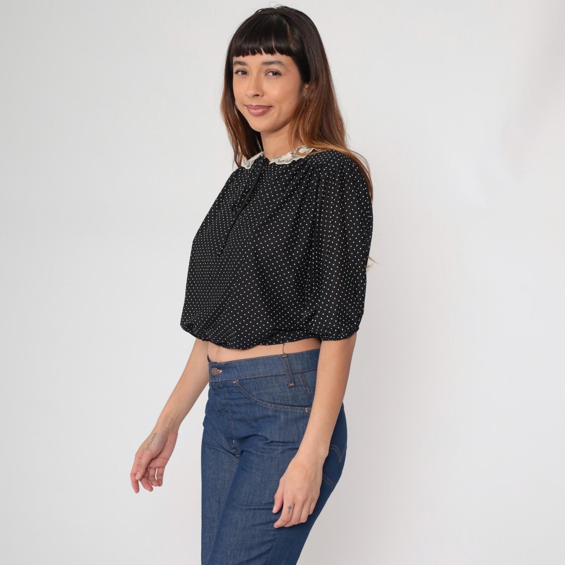 70s Black White Polka Dot Puff Sleeve Blouse Peter Pan Lace Collar Small