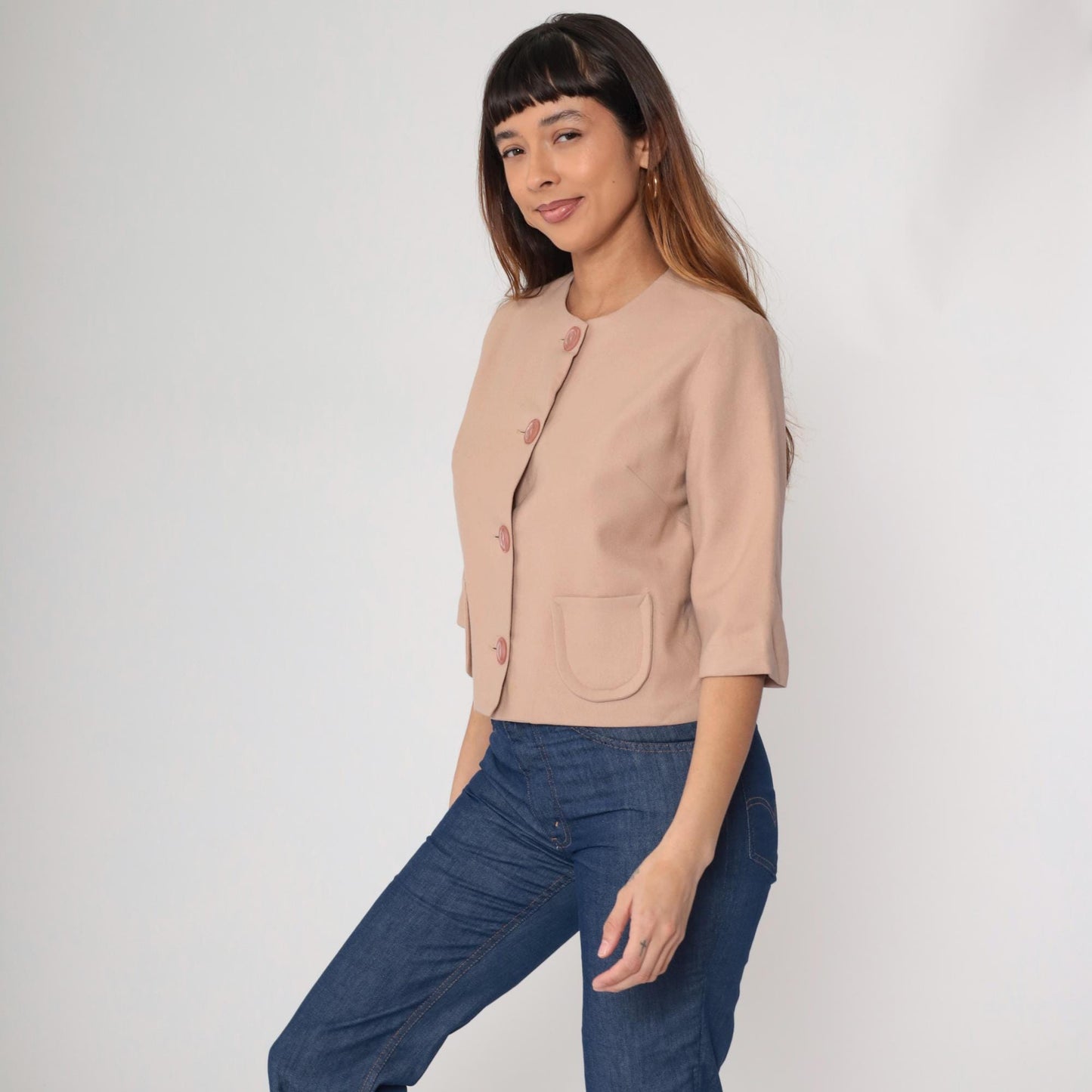 60s Beige Wool Cropped Jacket Pink Buttons Round Neck Short Sleeve Small S