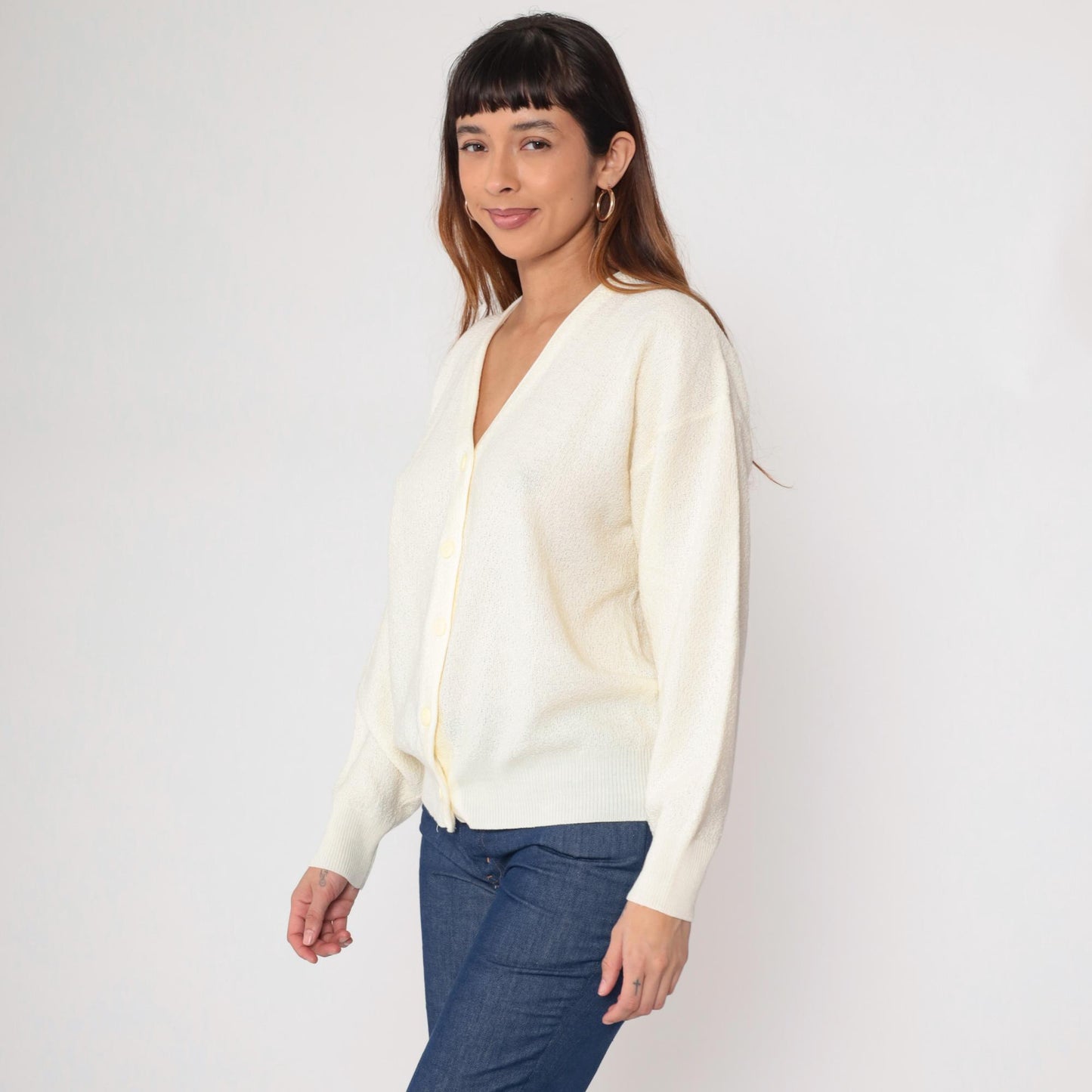 70s Cream Cardigan Button Front V Neck Long Sleeve Knit Medium Large
