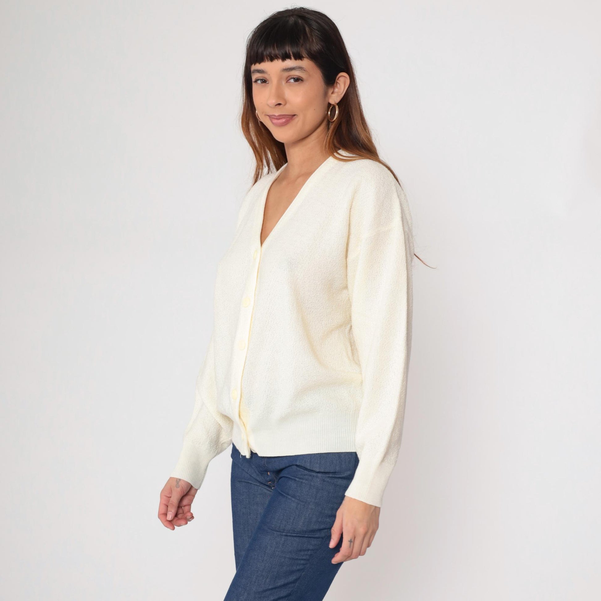 70s Cream Cardigan Button Front V Neck Long Sleeve Knit Medium Large