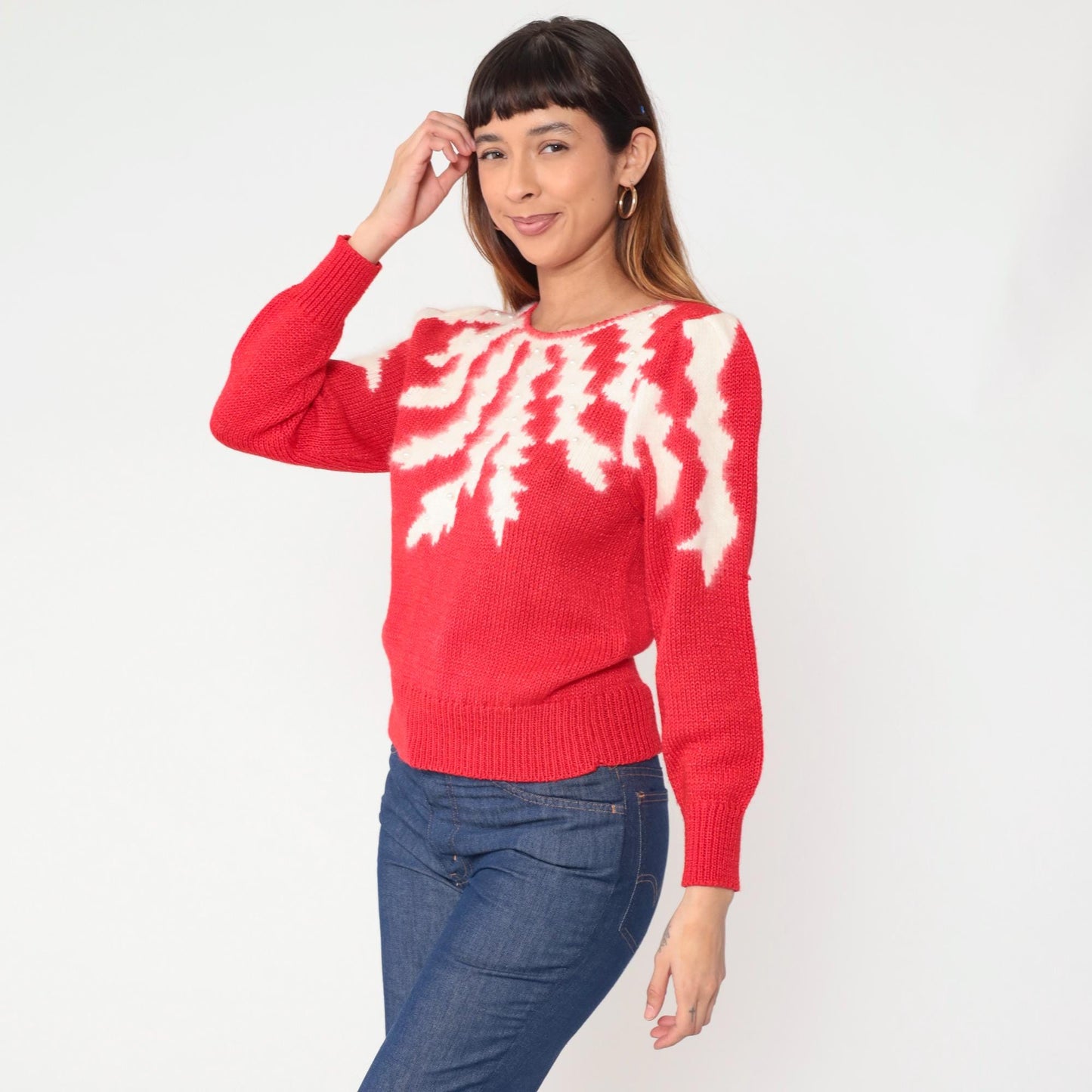 80s Petite Illustrations Red Knit Sweater Pearl Snowflake Puff Shoulder Small