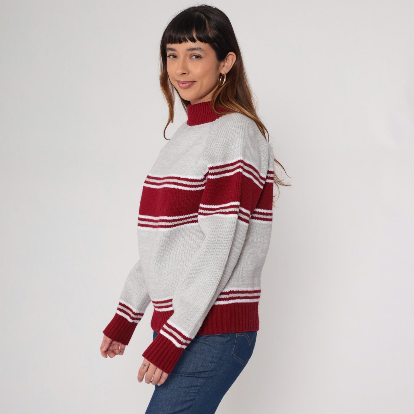 70s Craig Noble Mock Neck Sweater Red Grey Stripe Knit Medium
