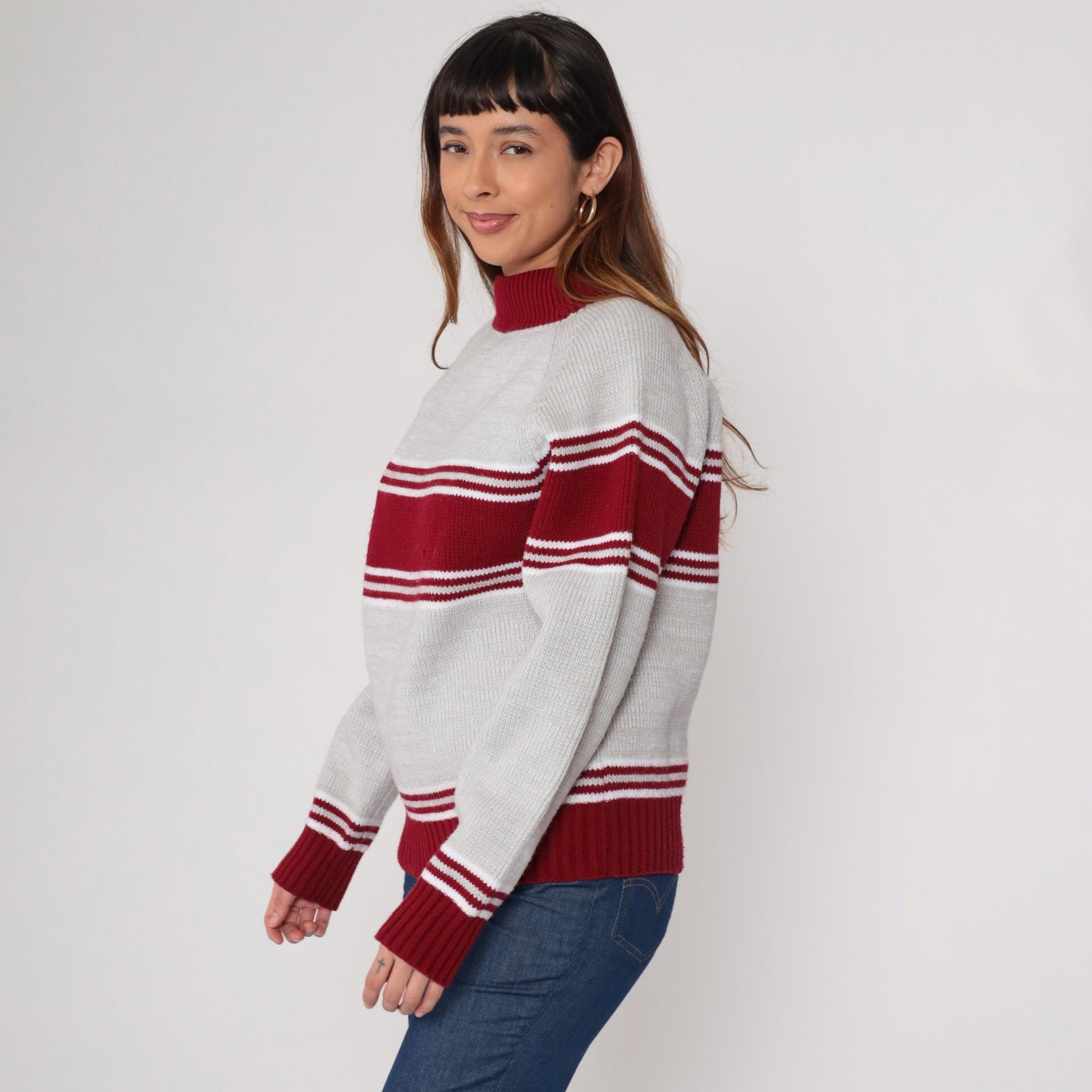 70s Craig Noble Mock Neck Sweater Red Grey Stripe Knit Medium