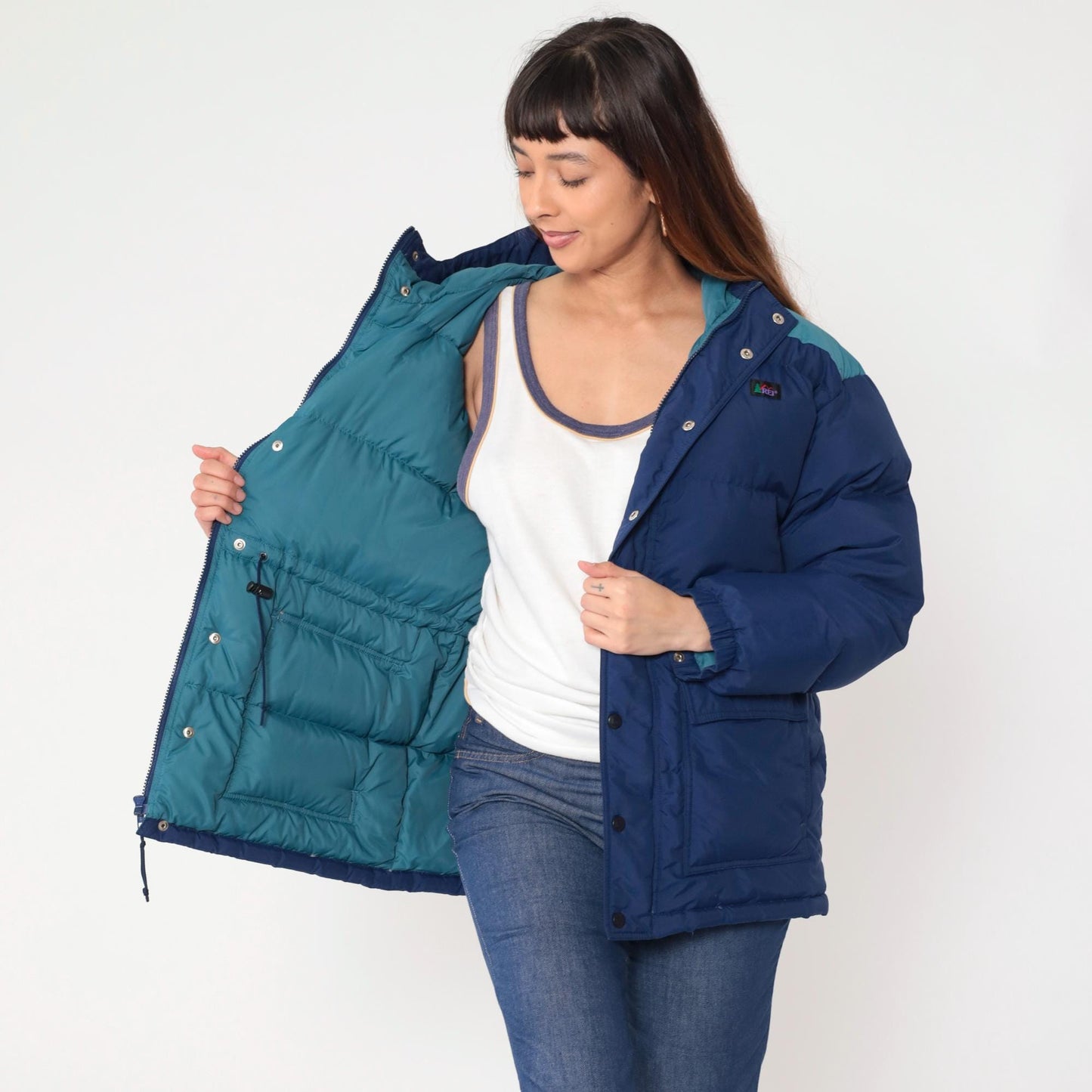 Y2K REI Goose Down Puffer Jacket Navy Teal Colorblock Hooded Extra Large XL