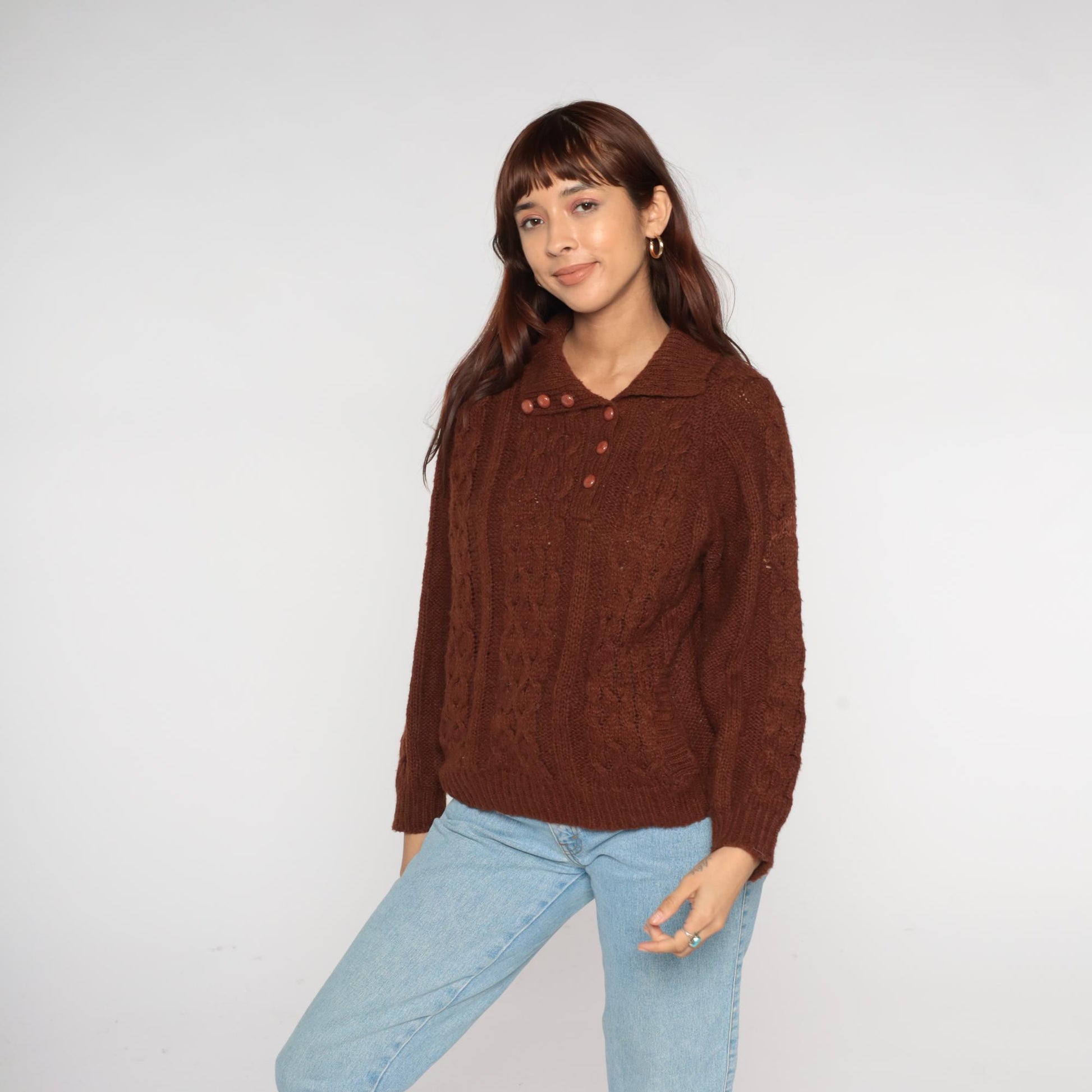 70s Rochelle California Brown Cable Knit Sweater Collared Medium M