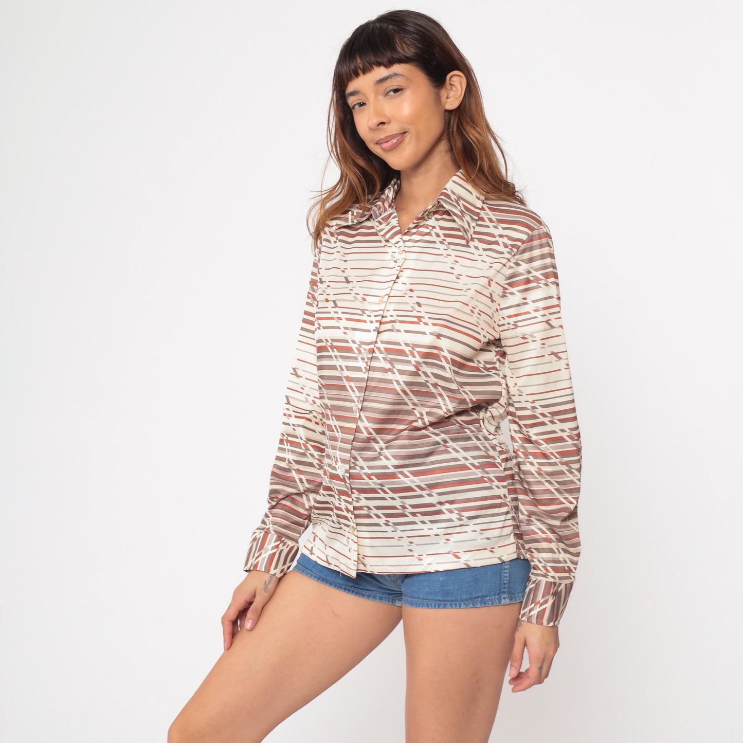 70s Devon Geometric Diagonal Striped Button-Up Shirt Rust Brown Cream Medium