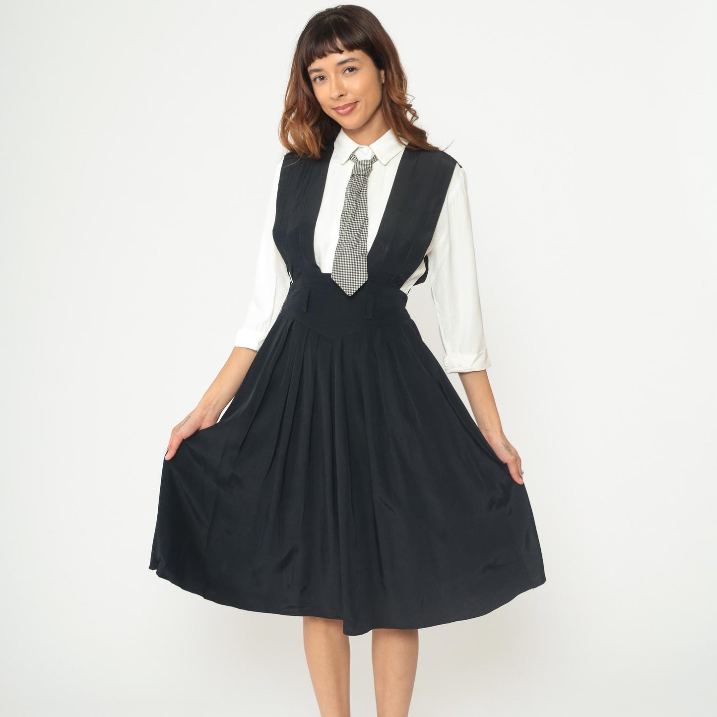 1990s Piccolino Petites Black Midi Jumper Dress Gingham Tie Attached Shirt XS