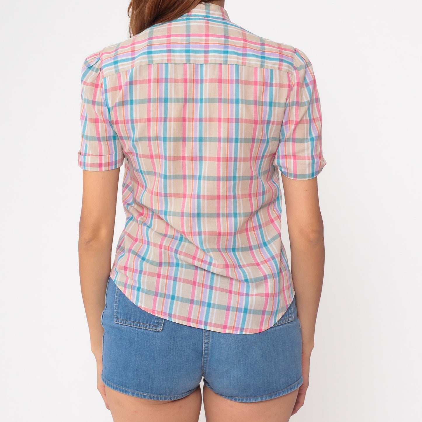80s Ship n Shore Tan Checkered Button Up Blouse Pink Purple Blue Small S
