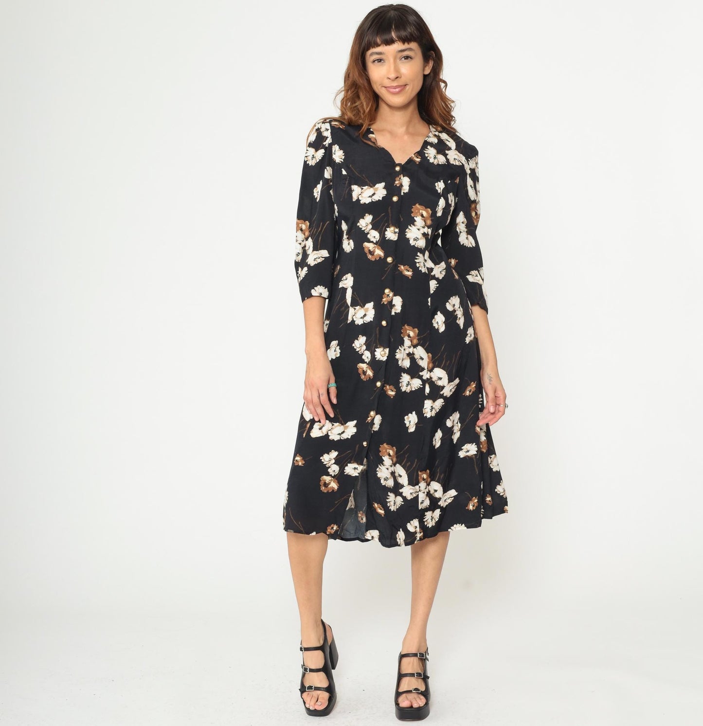 90s Caroline Wells Black Floral Midi Dress Pearl Buttons Lace-Up Back Medium