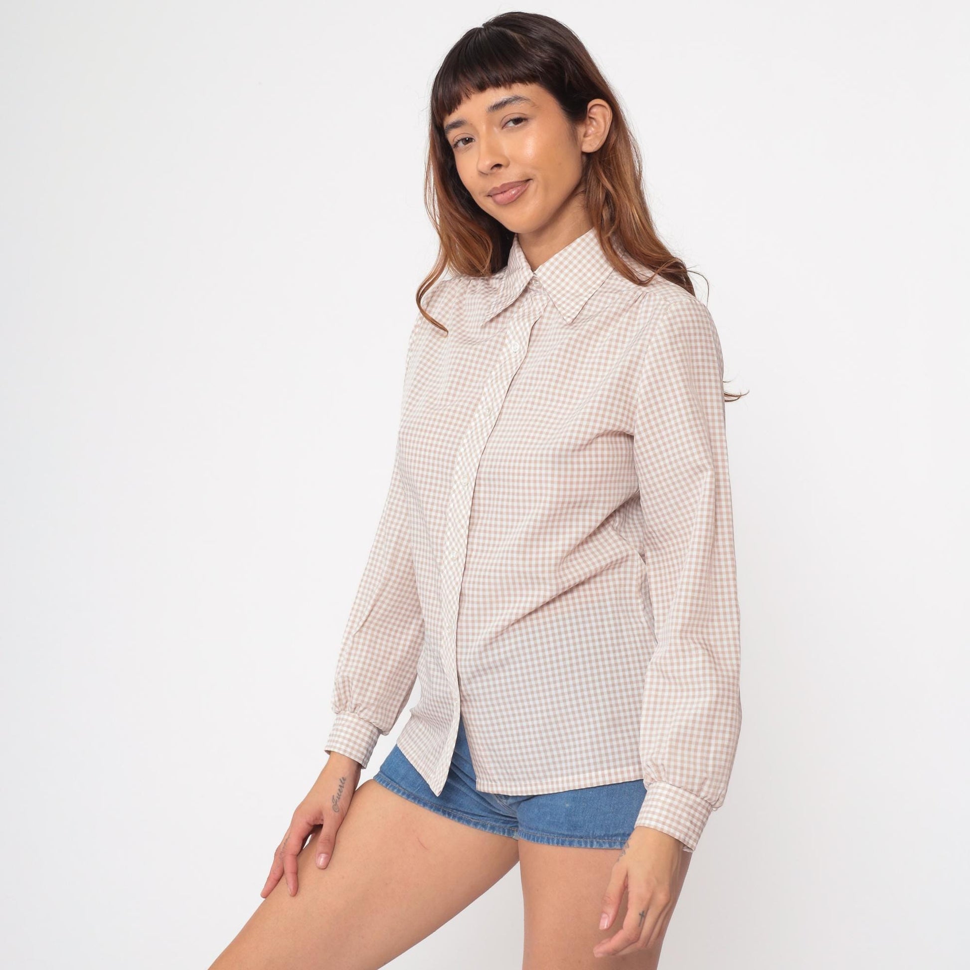 70s Gingham Check Blouse Beige Button Up Pointed Collar Long Sleeve Medium