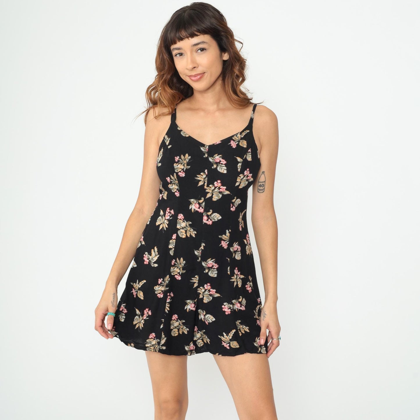 90s Black Floral Romper Sleeveless Wide Leg Playsuit Small S