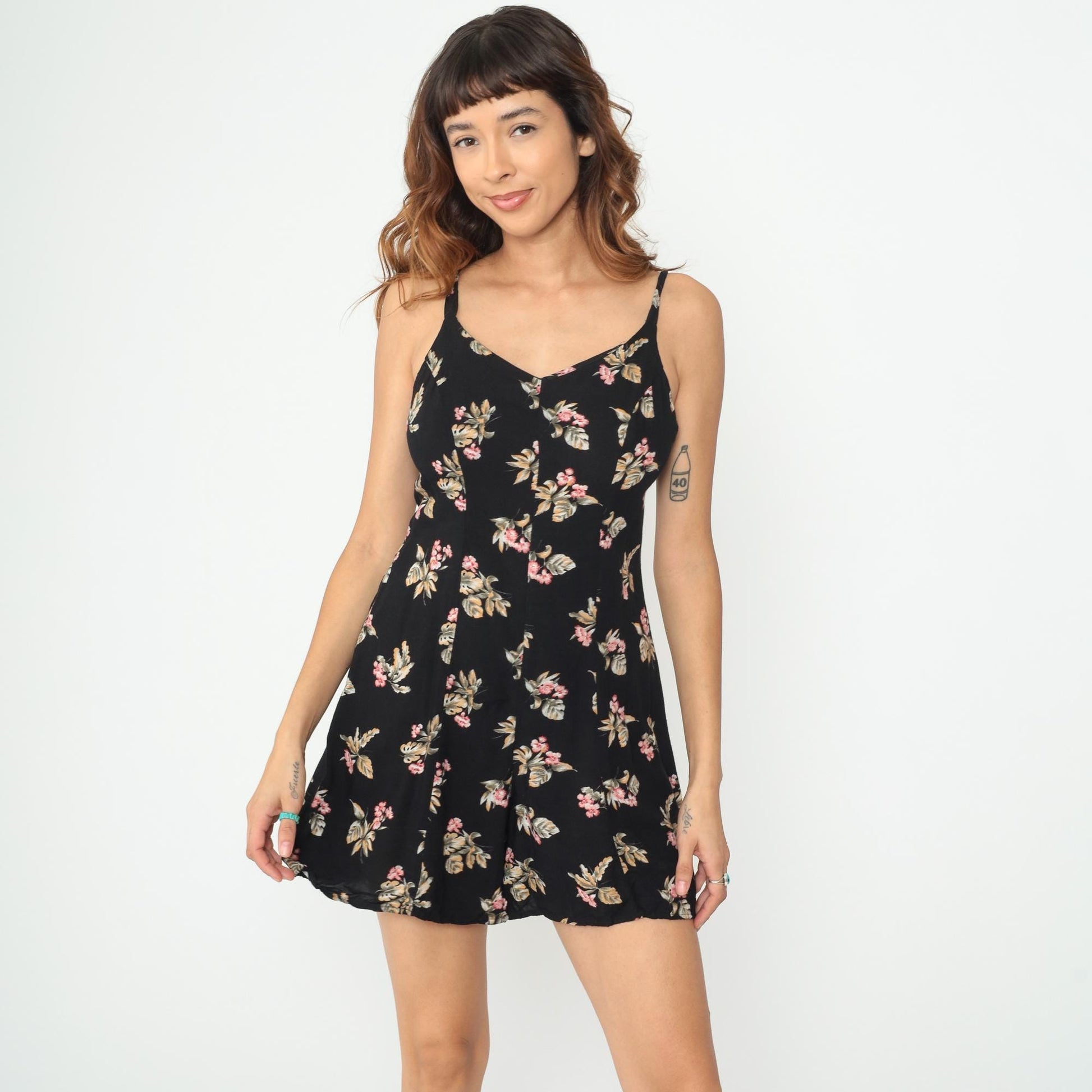 90s Black Floral Romper Sleeveless Wide Leg Playsuit Small S