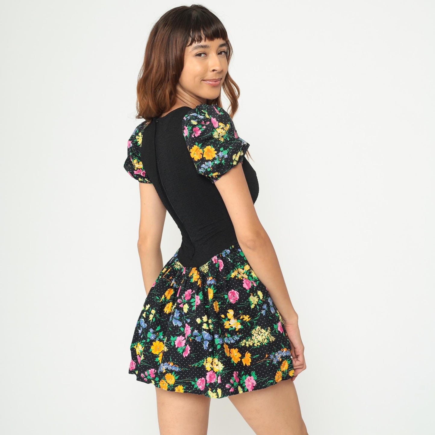 90s Amy Too Mini Dress Black Floral Polka Dot Puff Sleeve Drop Waist Extra Small XS