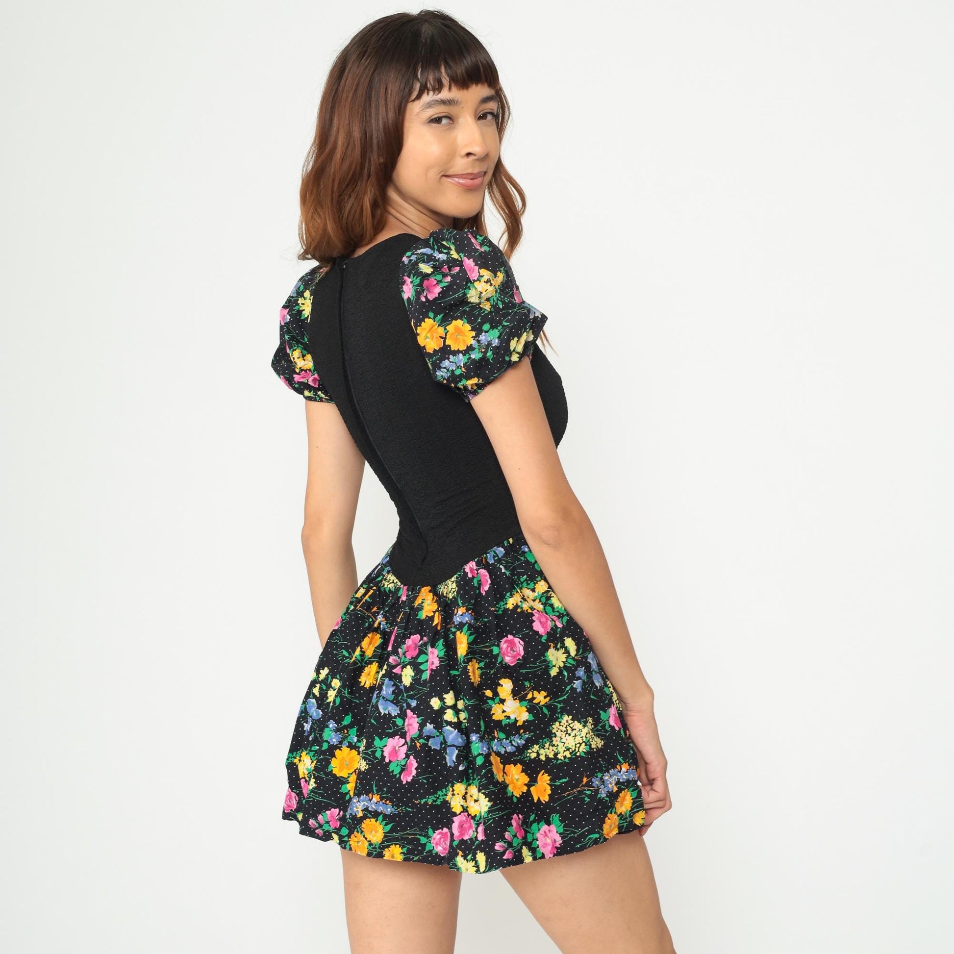 90s Amy Too Mini Dress Black Floral Polka Dot Puff Sleeve Drop Waist Extra Small XS
