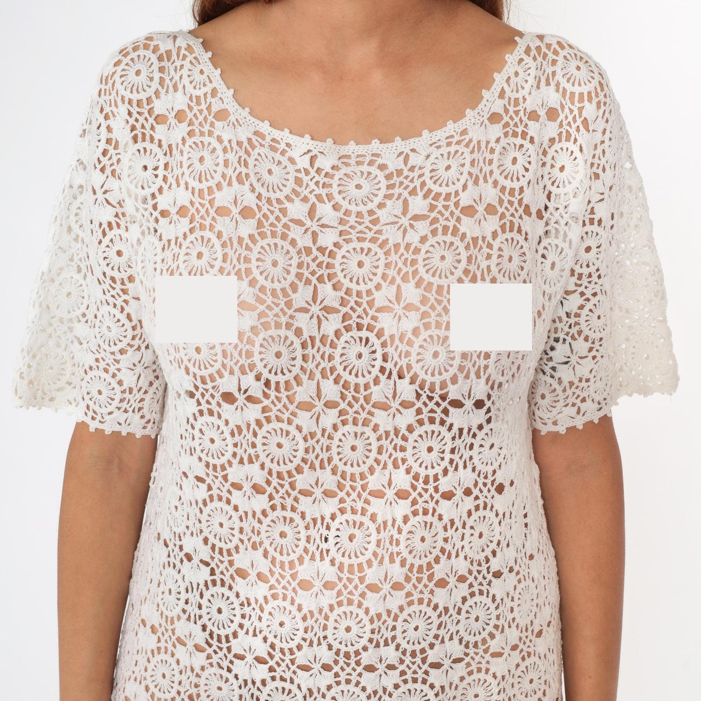 80s White Crochet Midi Dress Open Weave Cutwork Short Sleeve Large