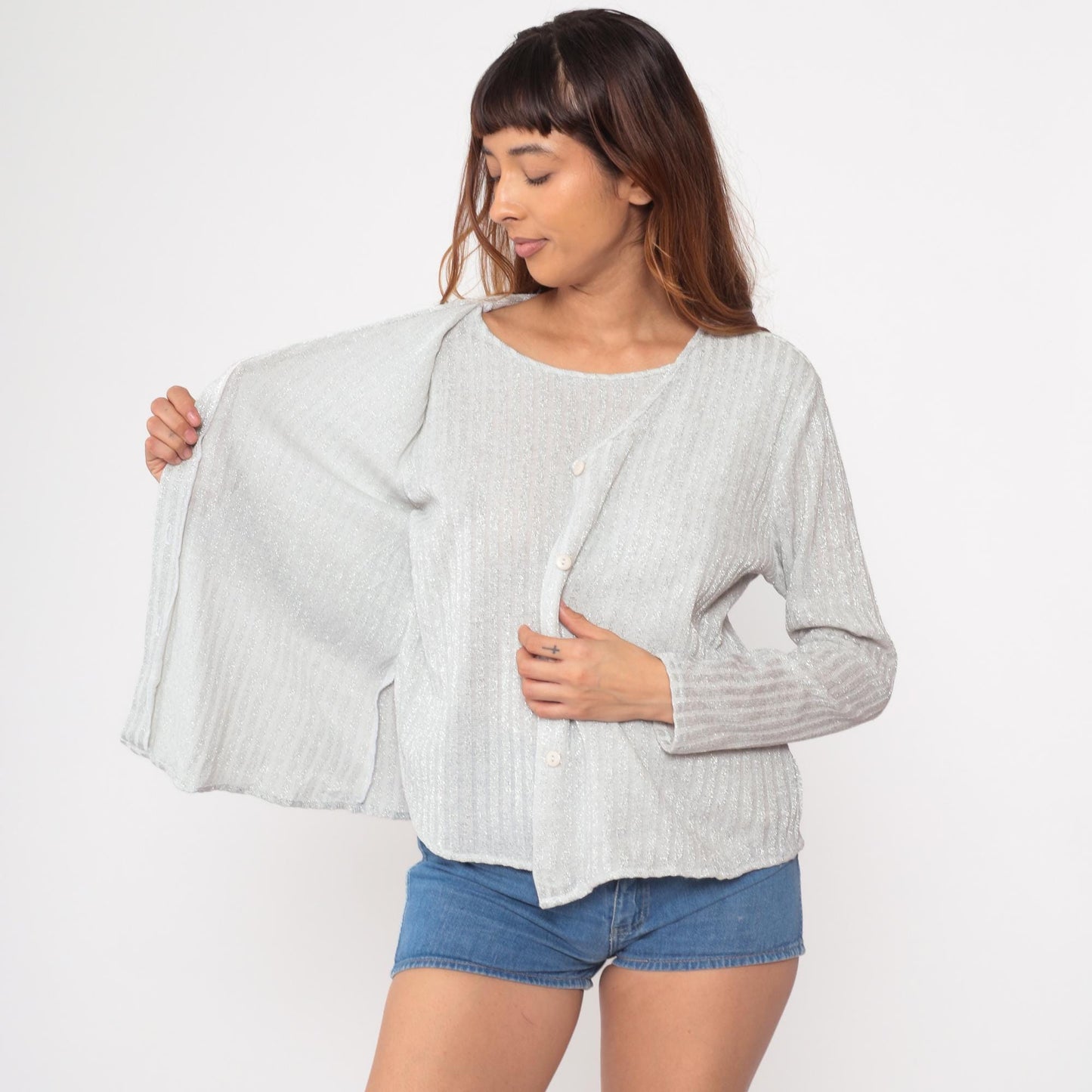 70s Lauren Lee Silver Metallic Cardigan Ribbed Knit Button-Up Small