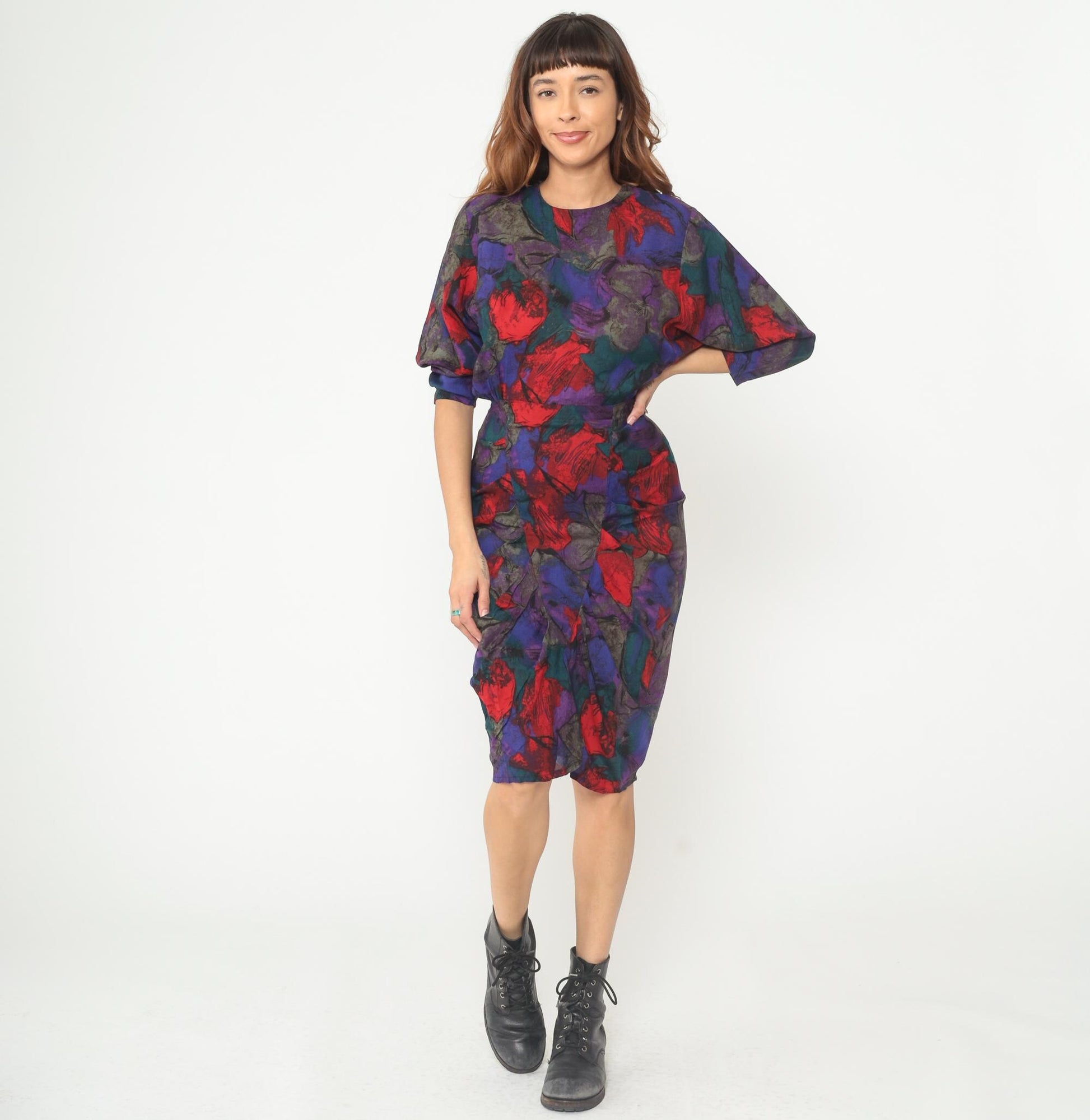 90s All That Jazz Floral Midi Dress Dolman Sleeve Rayon Purple Extra Small XS