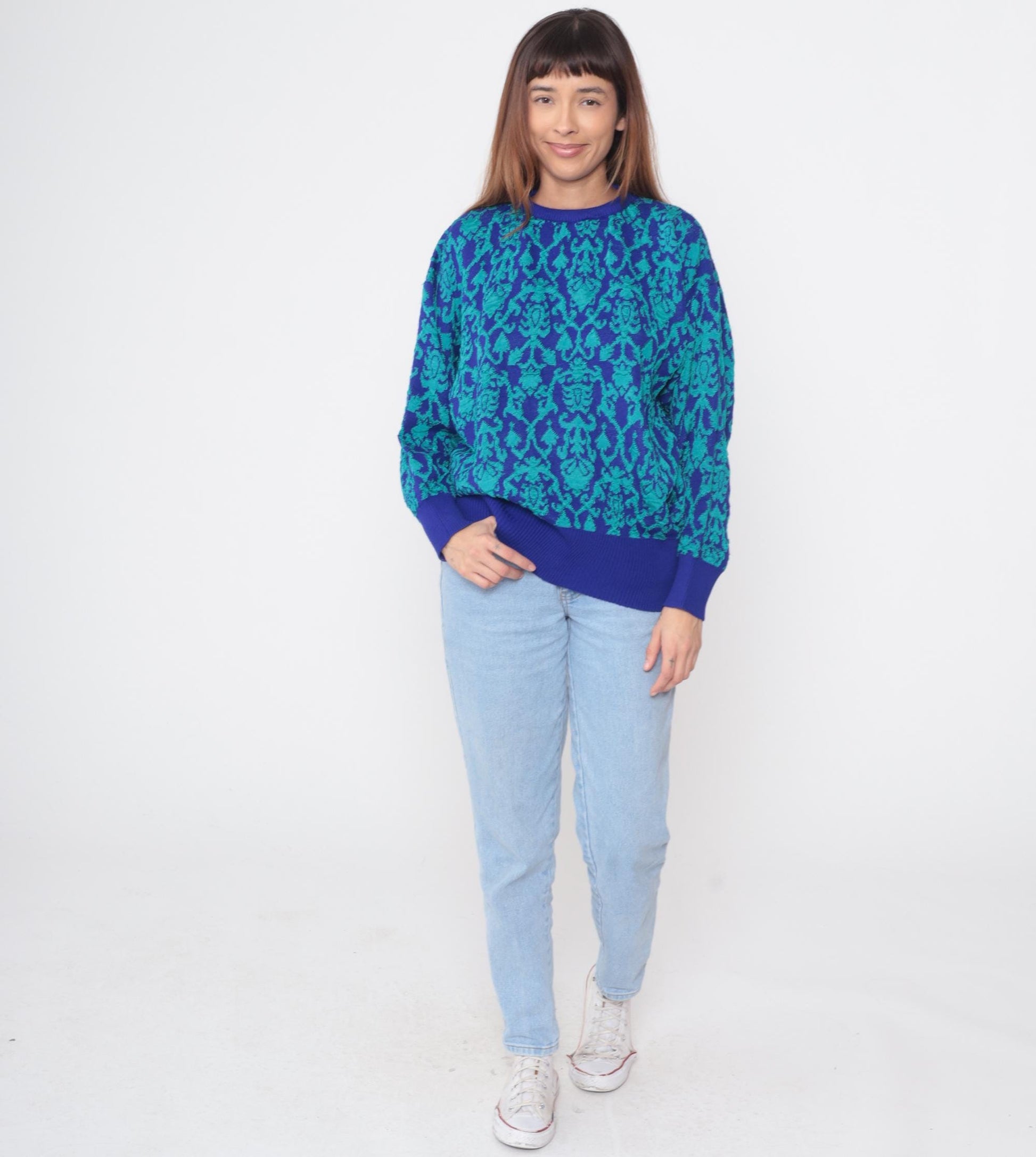90s Carole Little Floral Damask Crew Neck Sweater Blue Teal Medium M