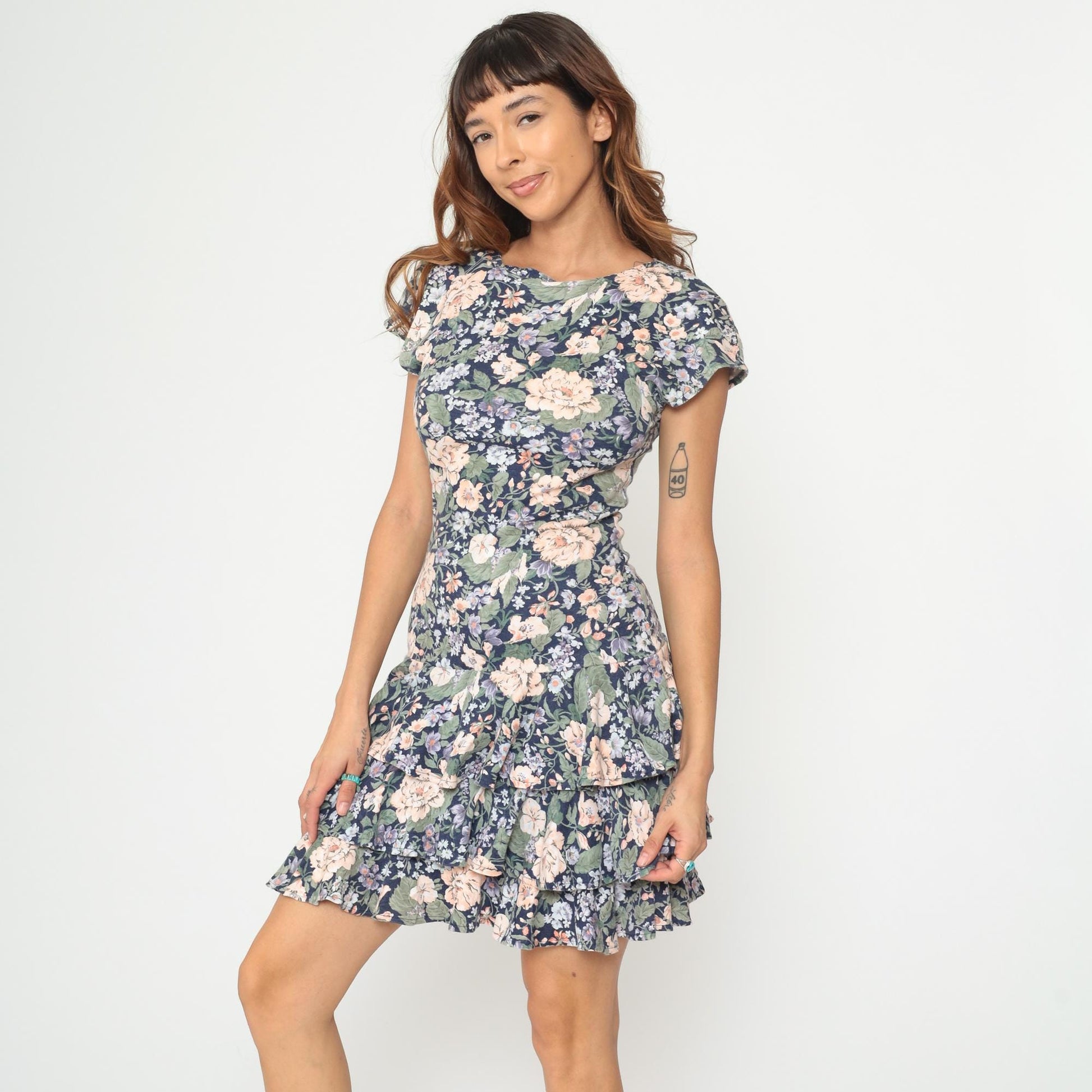 90s Floral Mini Dress Navy Peach Green Open Back Cap Sleeve Small