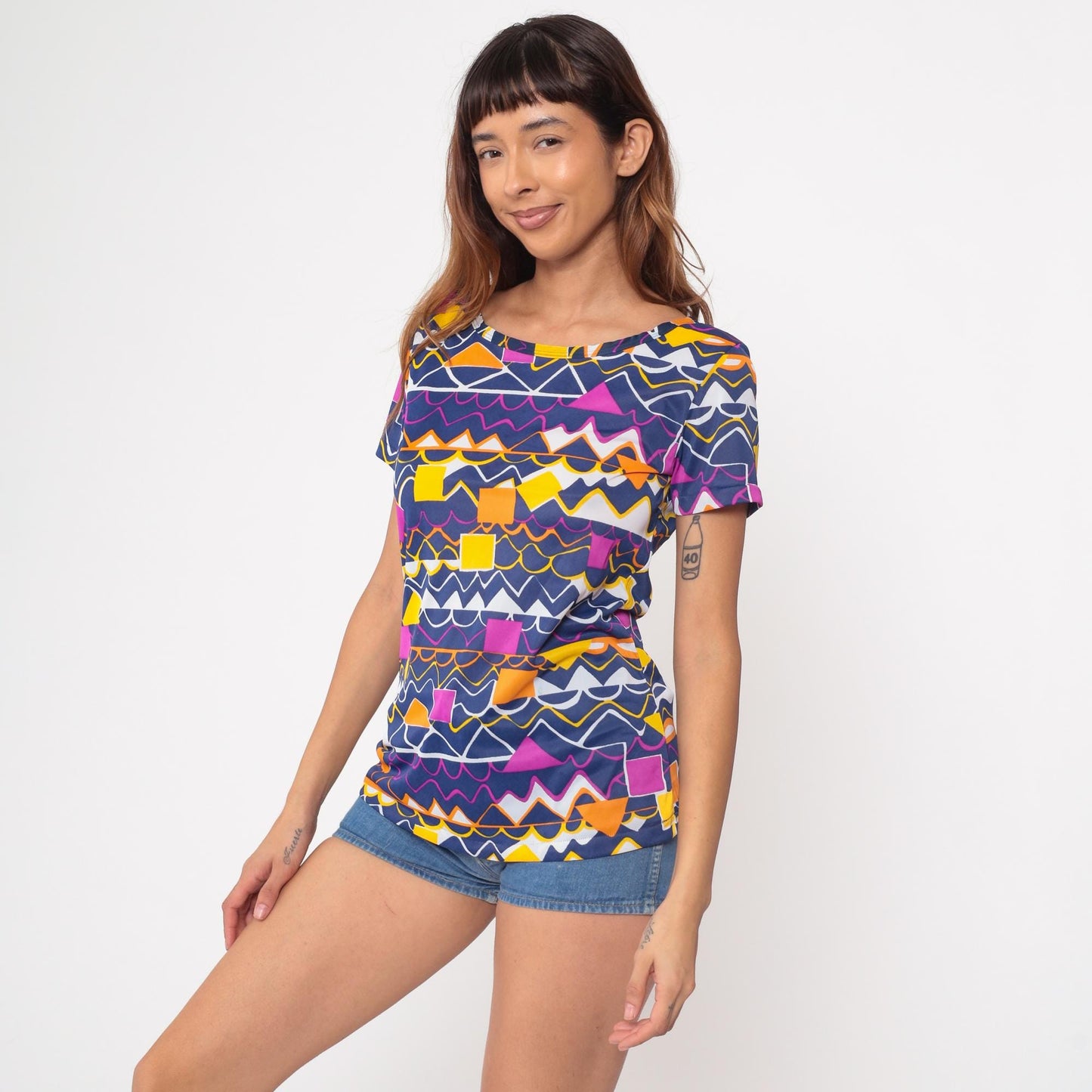 80s Speedo Geometric Top Navy Blue Pink Yellow Abstract Scoop Neck Small