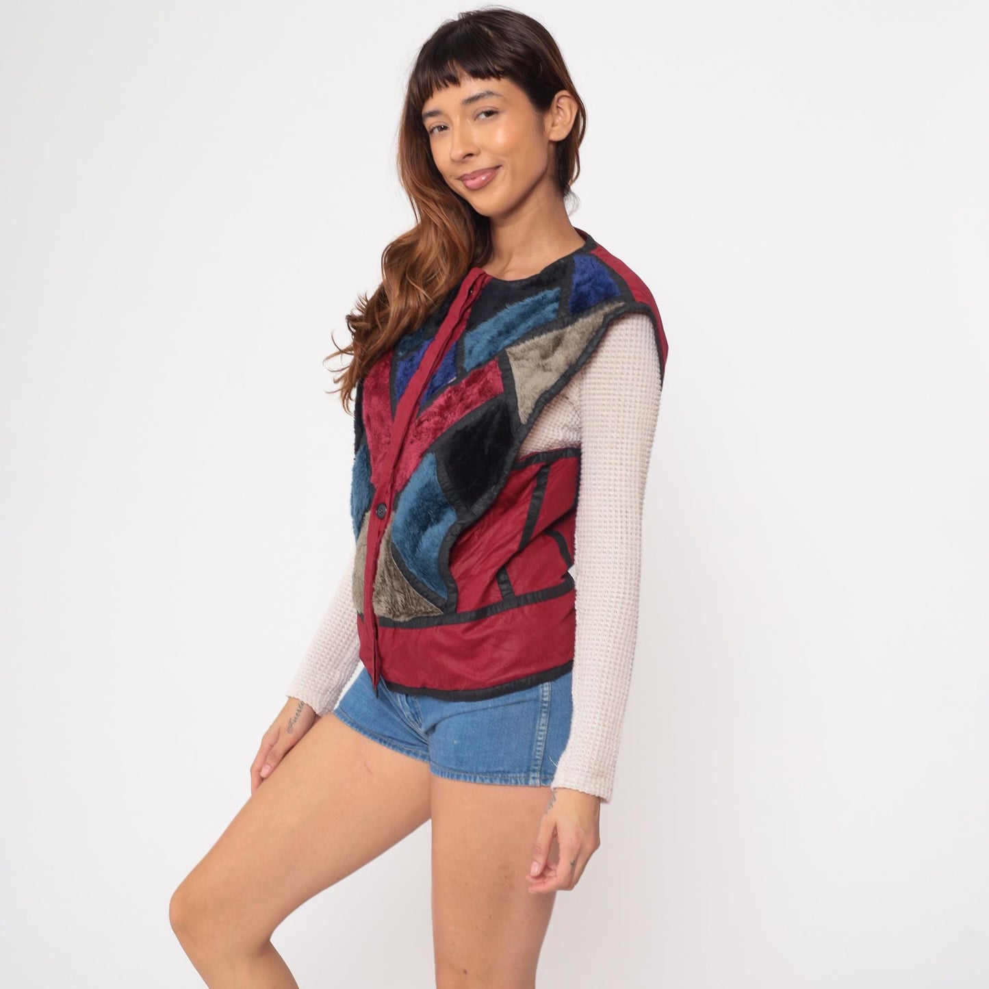 80s Patchwork Faux Fur Vest Burgundy Navy Geometric Colorblock Medium