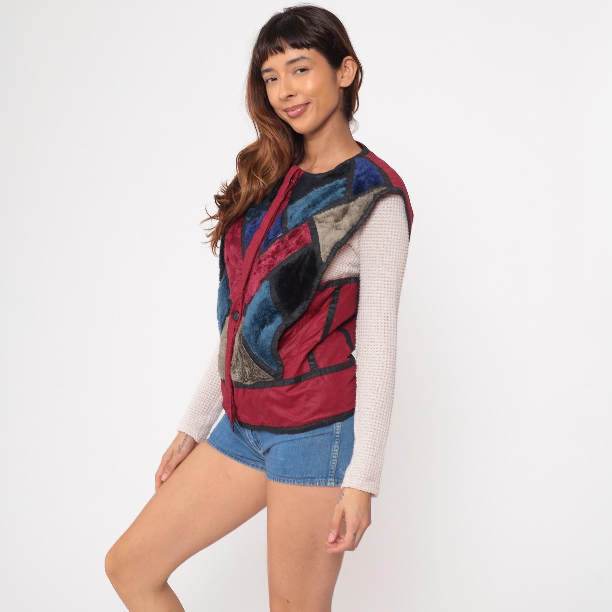 80s Patchwork Faux Fur Vest Burgundy Navy Geometric Colorblock Medium