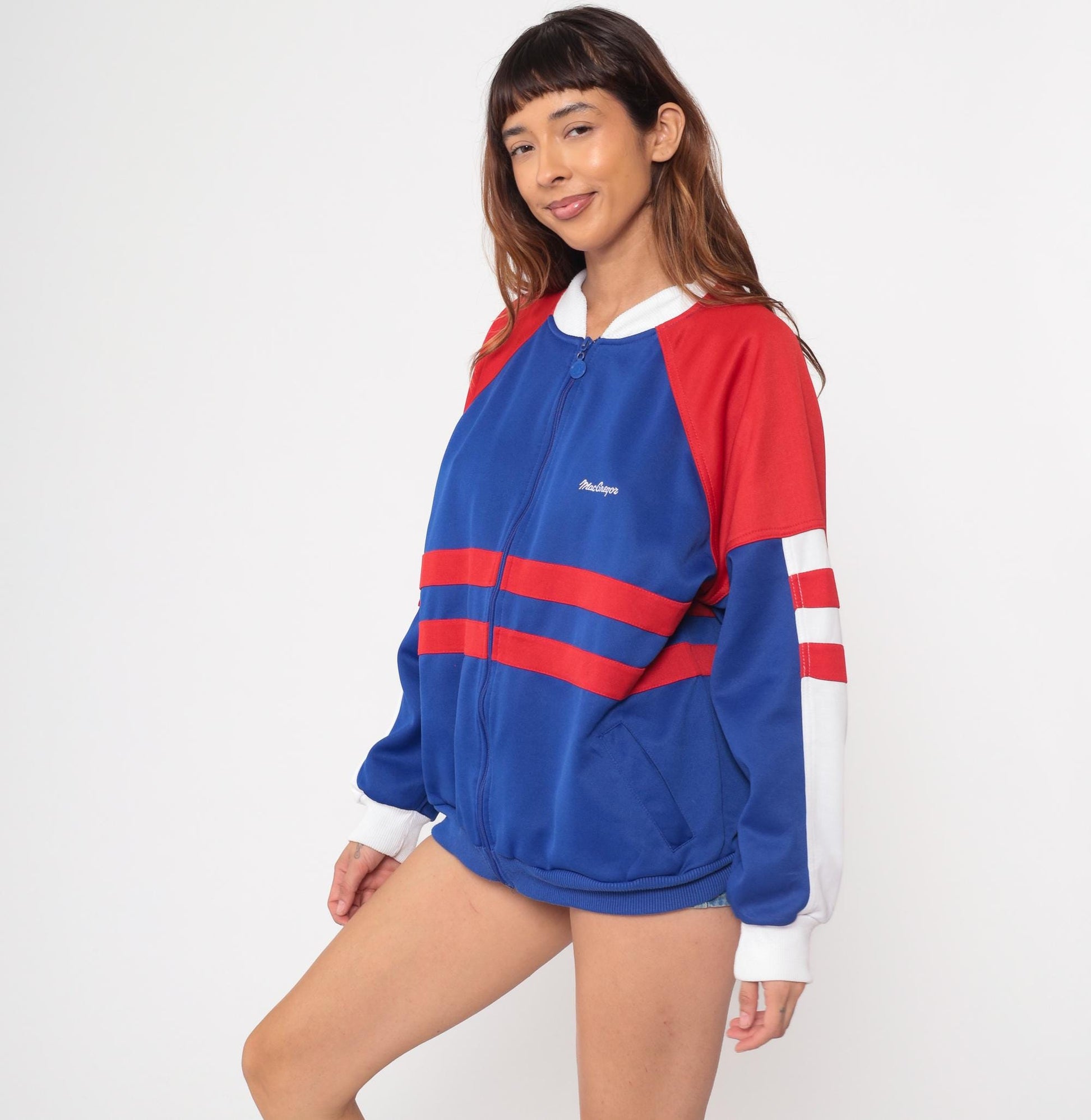 80s MacGregor Track Jacket Royal Blue Striped Zip Sweatshirt Extra Large