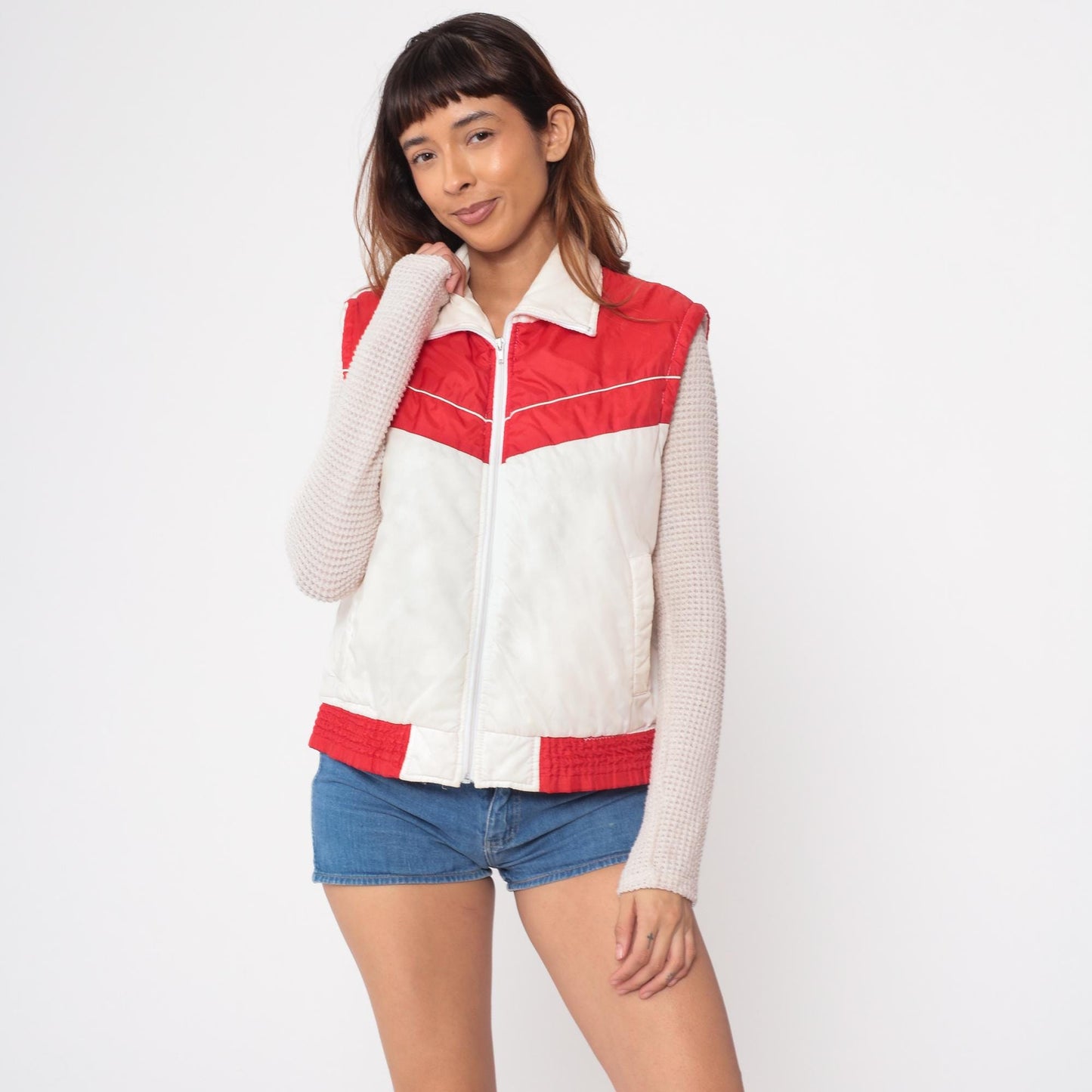 80s Red White Puffer Vest Western Yoke Sleeveless Zip Jacket Medium