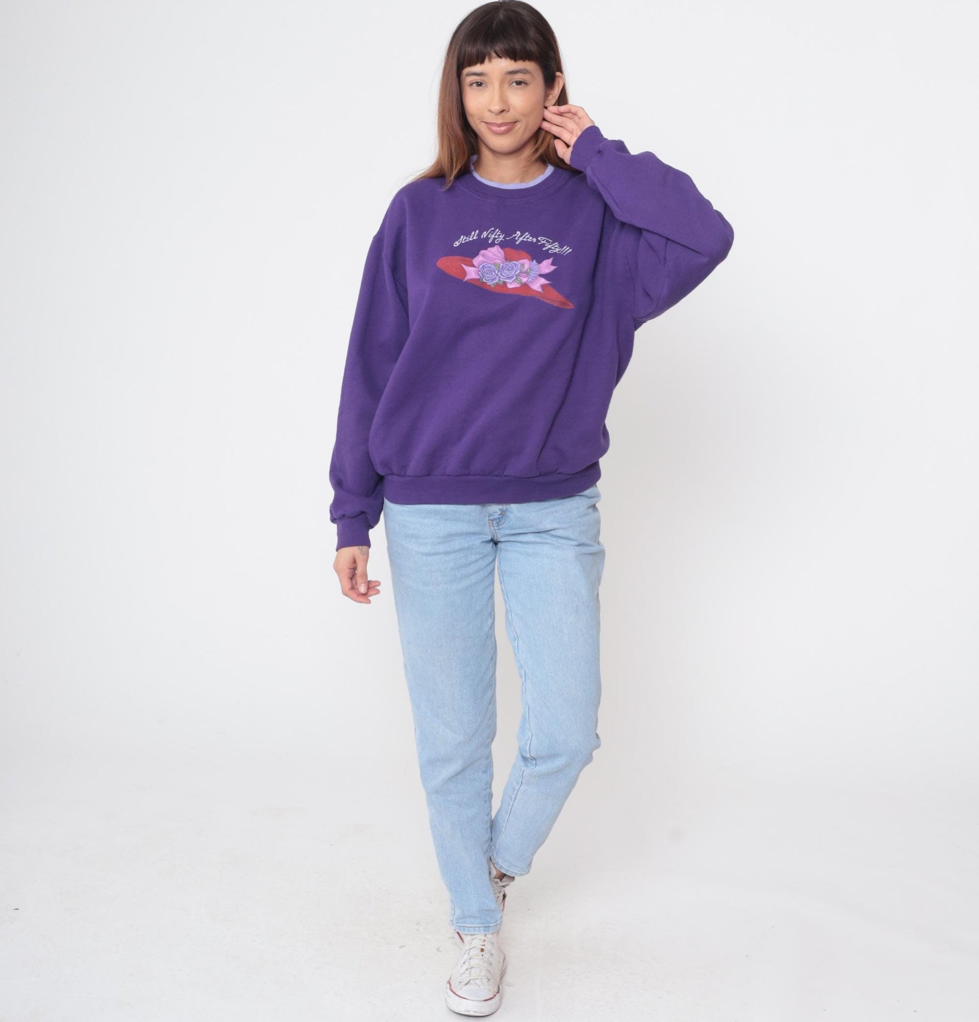 90s Morning Sun Purple Sweatshirt Red Hat Lady Graphic Crewneck Medium M