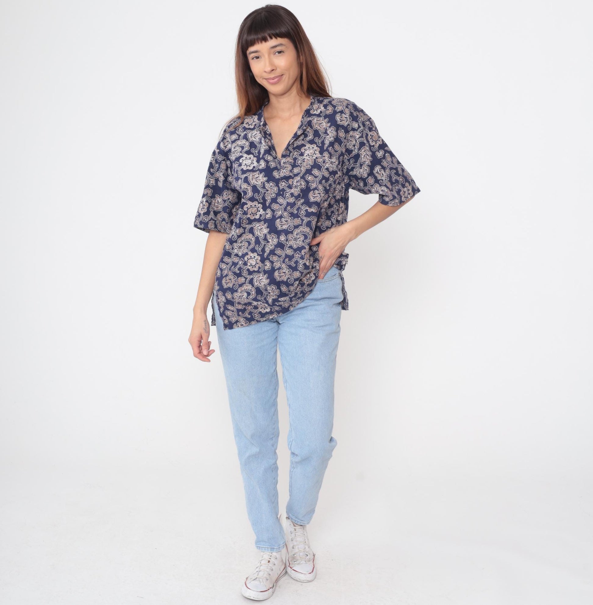 Y2K Craute Navy Paisley Floral Button-Up Blouse Short Sleeve Large L