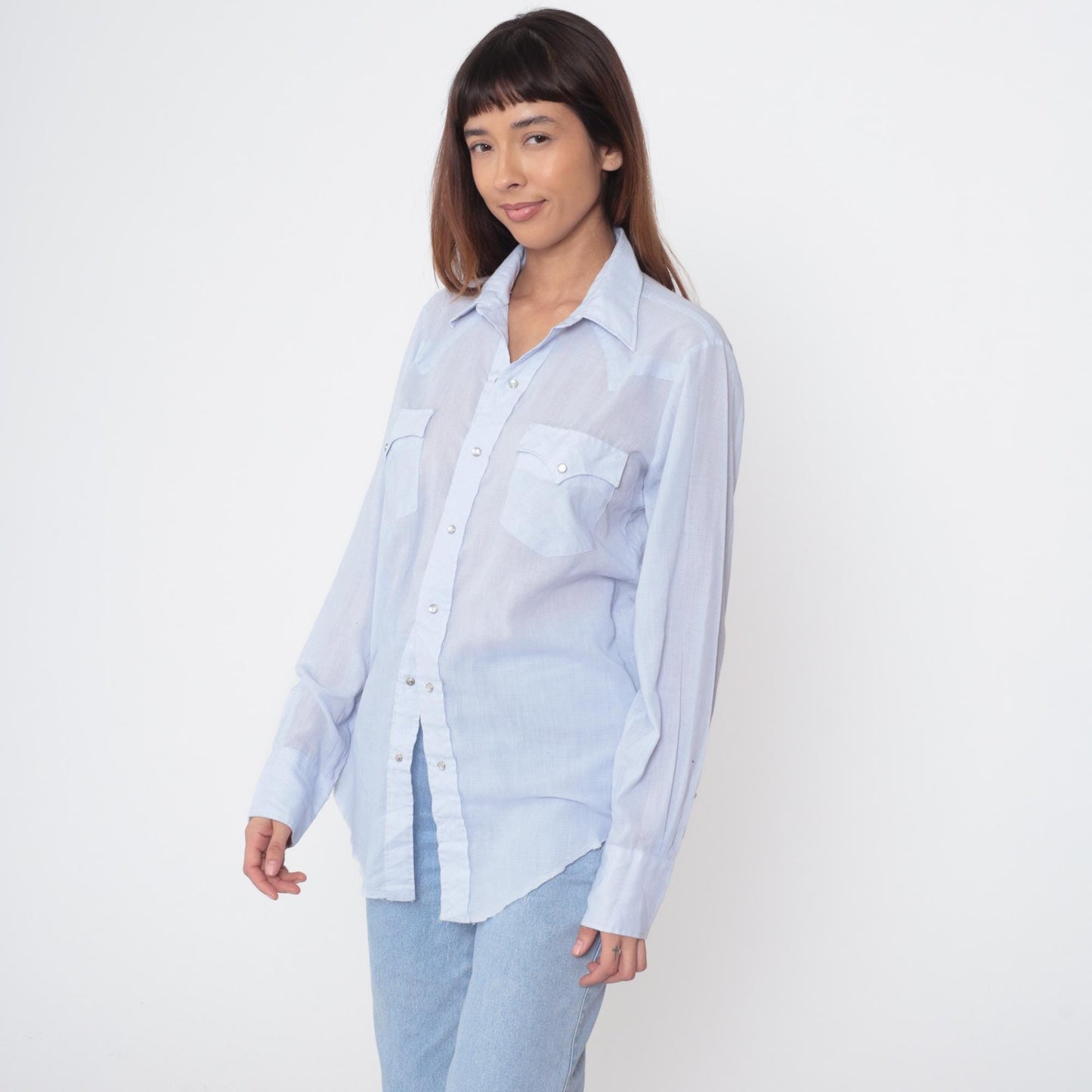 80s Western Fashions Light Blue Chambray Pearl Snap Shirt Medium