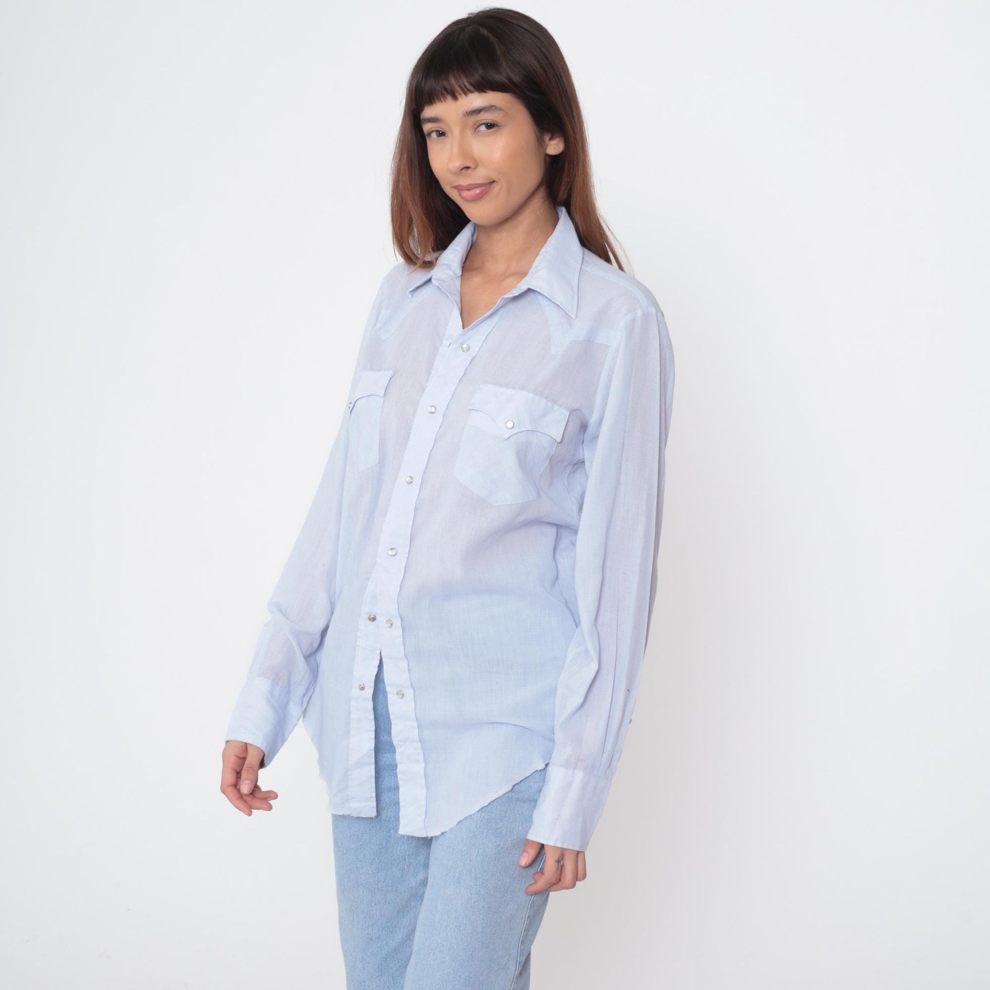 80s Western Fashions Light Blue Chambray Pearl Snap Shirt Medium