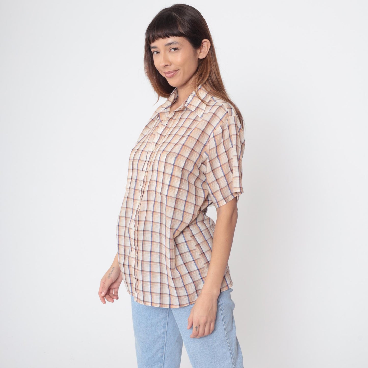 80s Van Heusen Plaid Button-Up Shirt Beige Brown Blue Check Medium