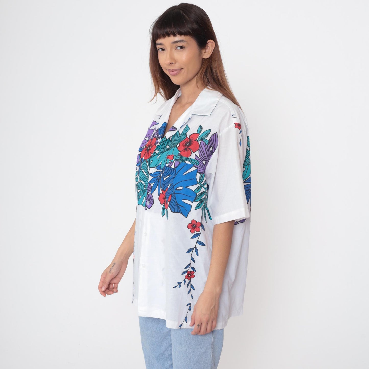 90s Hilo Hattie's Tropical Floral Shirt White Hawaiian Button Up Extra Large XL