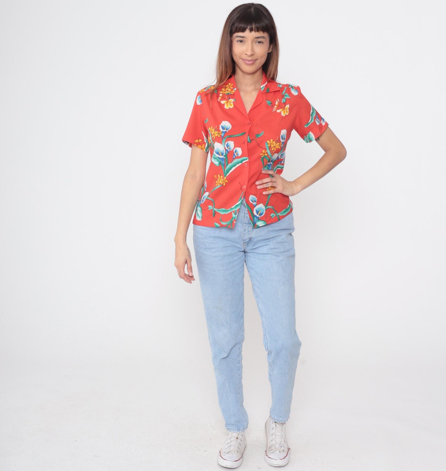 80s Hawaiian Shirt Red Floral Calla Lily Print Button Up Short Sleeve Medium