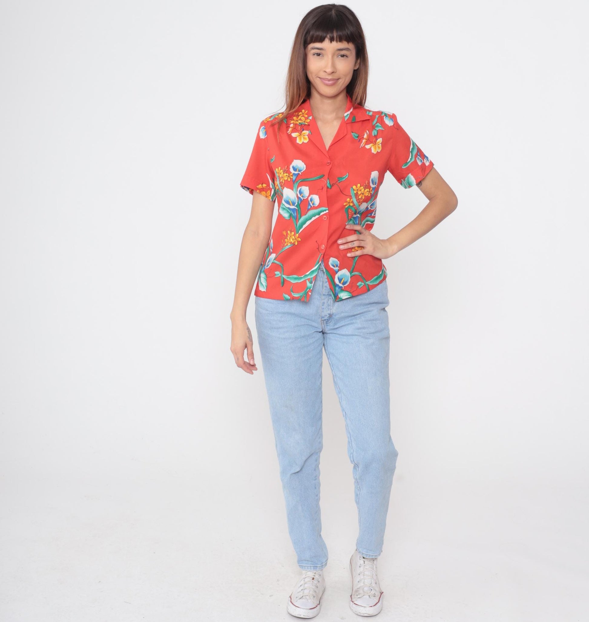 80s Hawaiian Shirt Red Floral Calla Lily Print Button Up Short Sleeve Medium