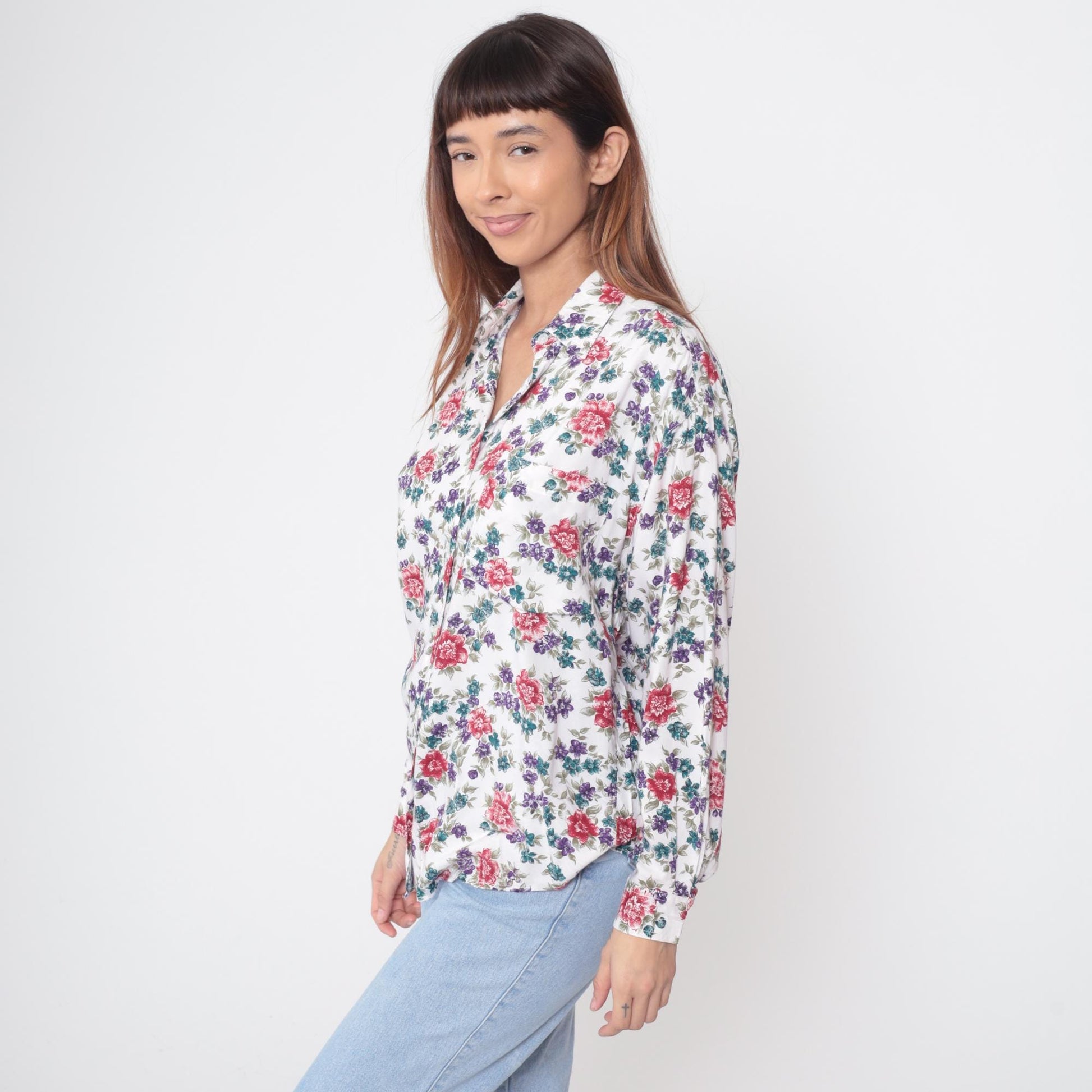 90s Ilio Floral Button-Up Blouse White Rose Print Rayon Medium M