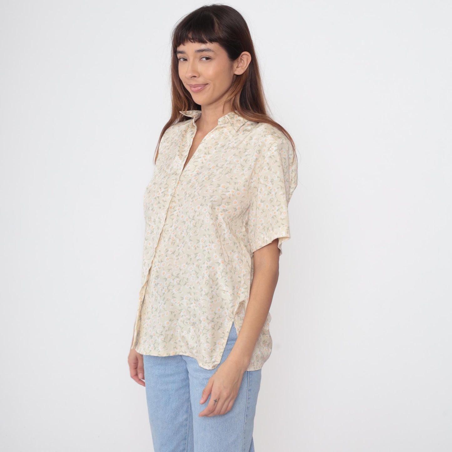 90s Daisy Floral Button-Up Shirt Beige Short Sleeve Pointed Collar Large L