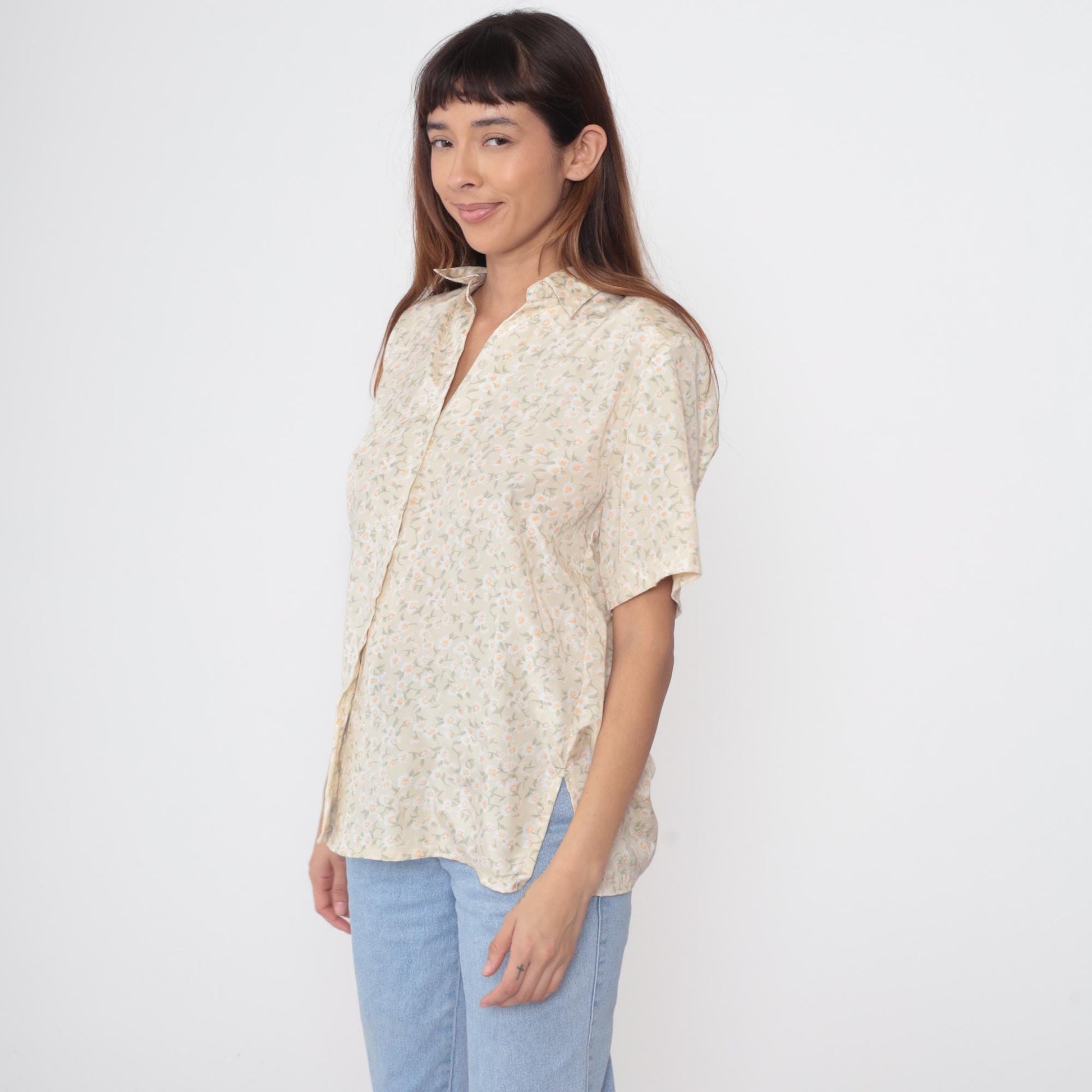 90s Daisy Floral Button-Up Shirt Beige Short Sleeve Pointed Collar Large L