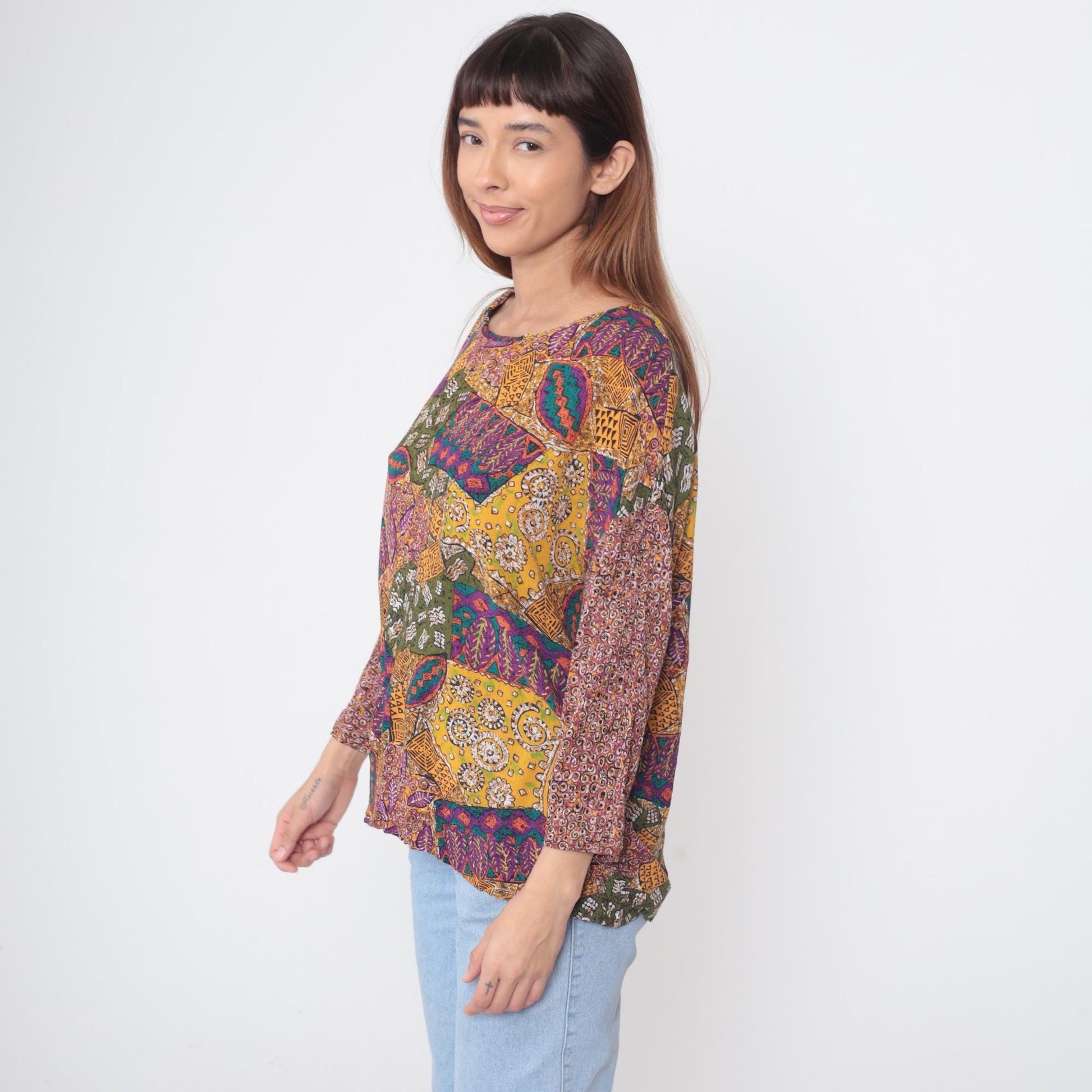 Y2K Multicolor Abstract Patchwork Rayon Shirt Long Sleeve Large L